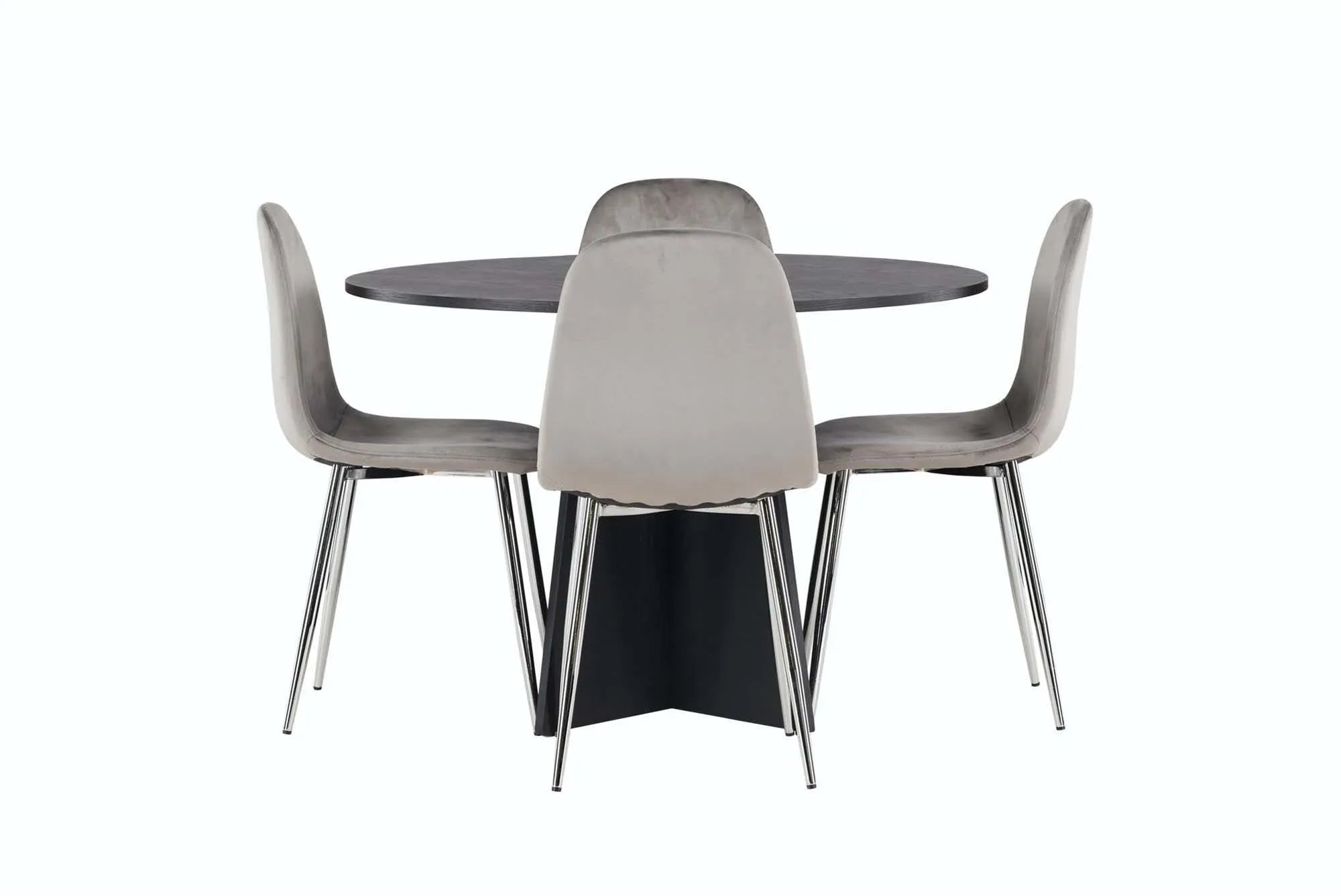 Elegantes Esszimmerset: Schwarzer Tisch (⌀110cm) & 4 Samtstühle, stilvoll & komfortabel, von Venture Home.