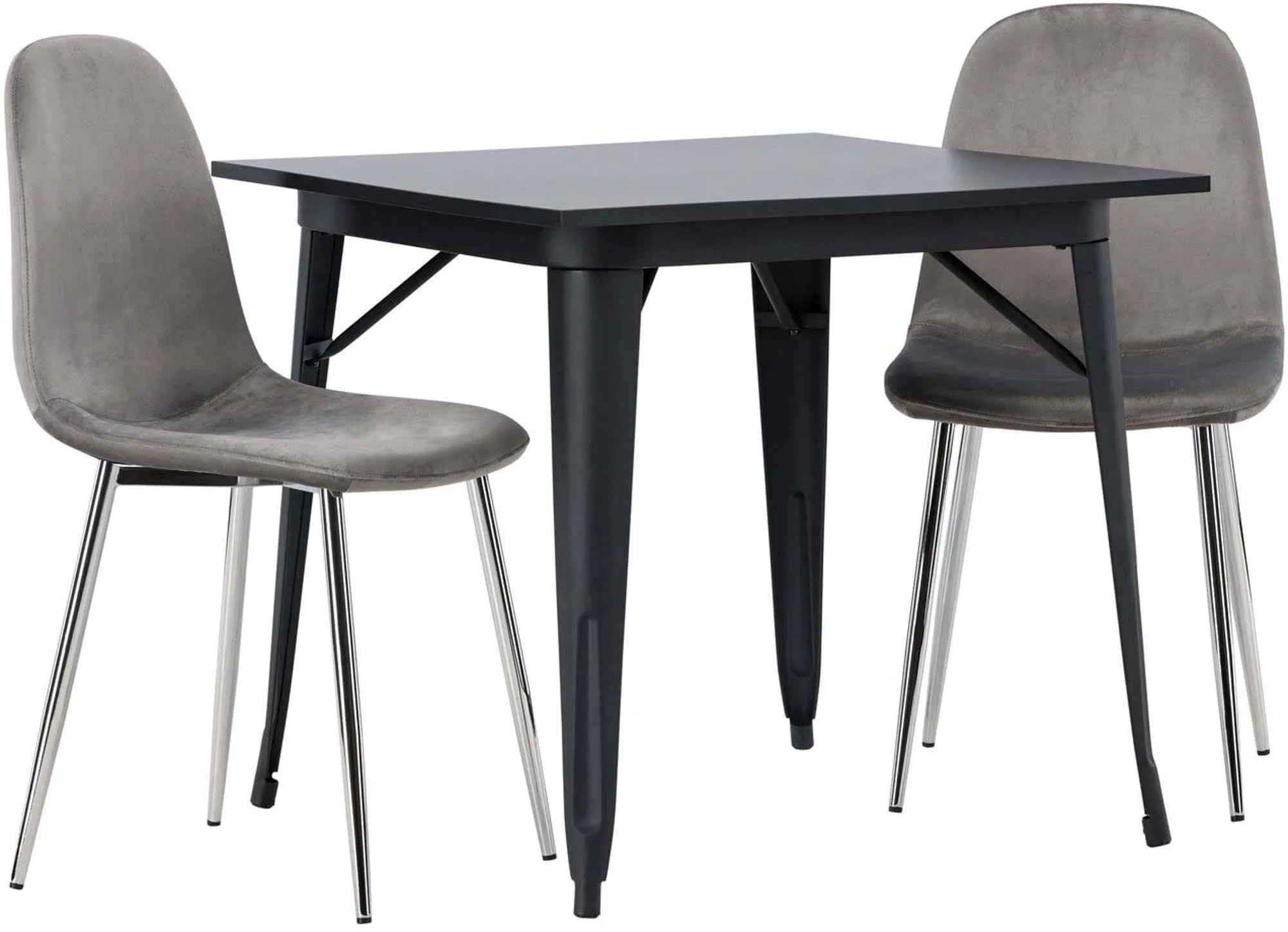 Stilvolles Tempe Esszimmerset: 80cm Tisch, schwarze MDF-Platte, graue Samtstühle, skandinavisches Design, modern und komfortabel.