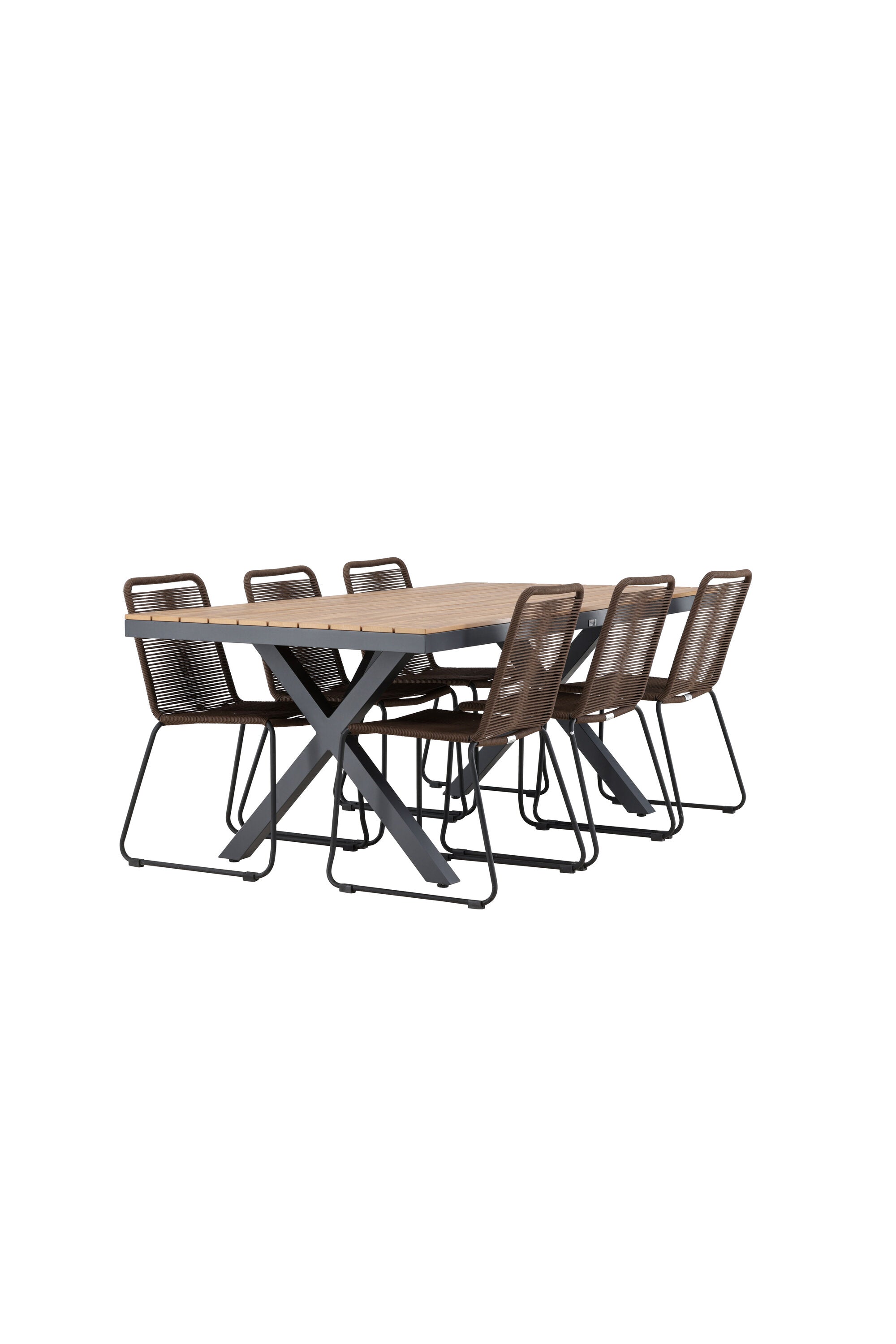 Elegantes Esszimmer-Set: Moderner Tisch mit Holzfurnier und Aluminiumbeinen, komfortable Stühle für stilvolle Mahlzeiten.