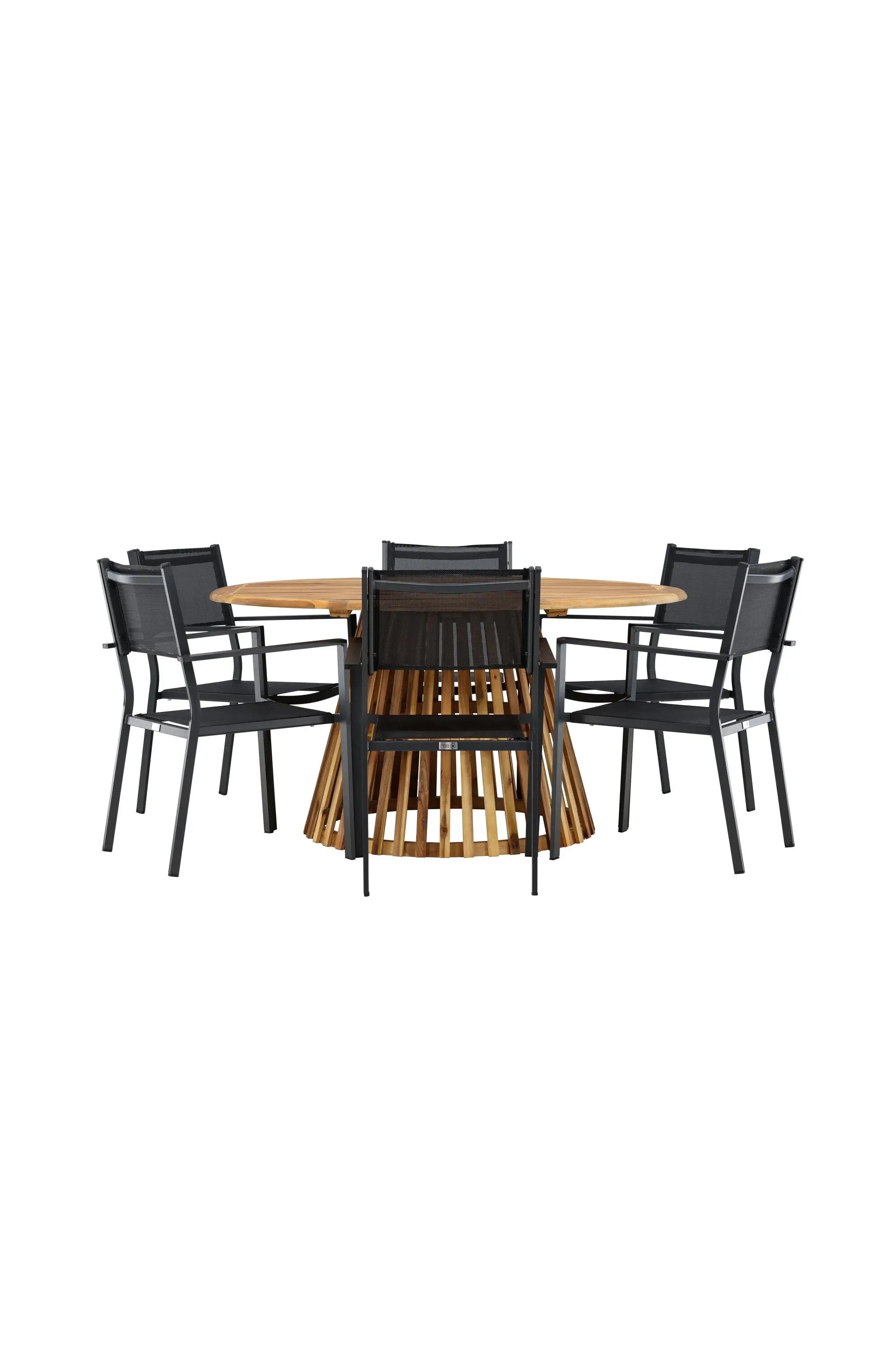 Elegantes Gartenset: Runder Akazientisch (120 cm) & 6 robuste Alu-Stühle, ideal für stilvolle Outdoor-Dinner.