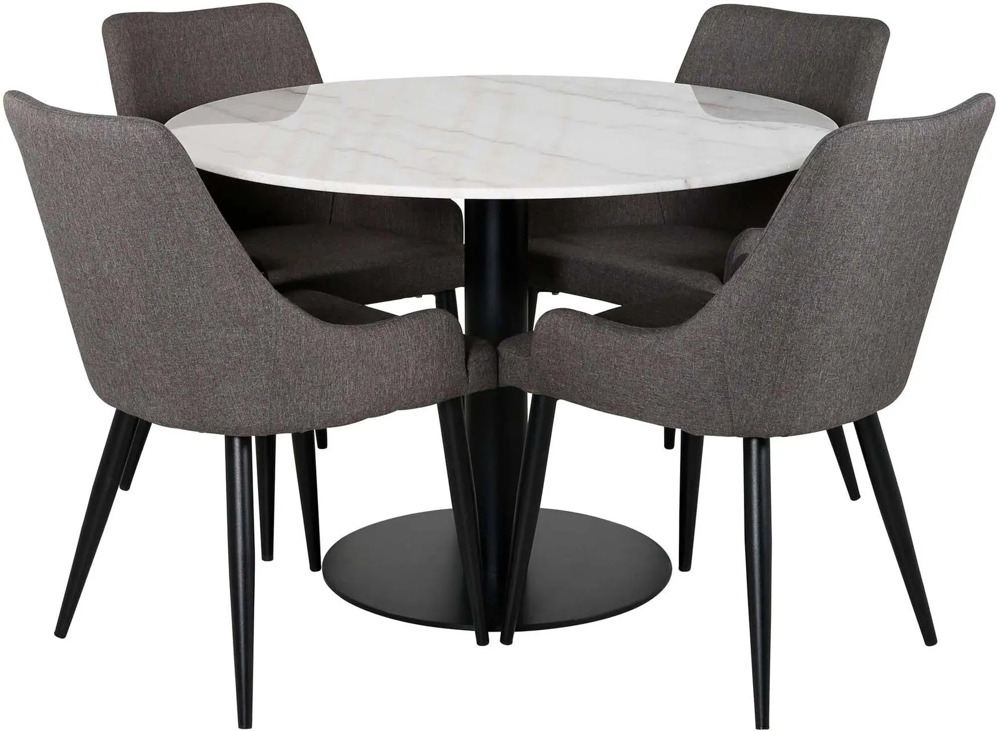 Elegantes Estelle Esszimmerset: Marmortisch ⌀106cm, 4 ergonomische Plaza Stühle, ideal für moderne Wohnkonzepte.