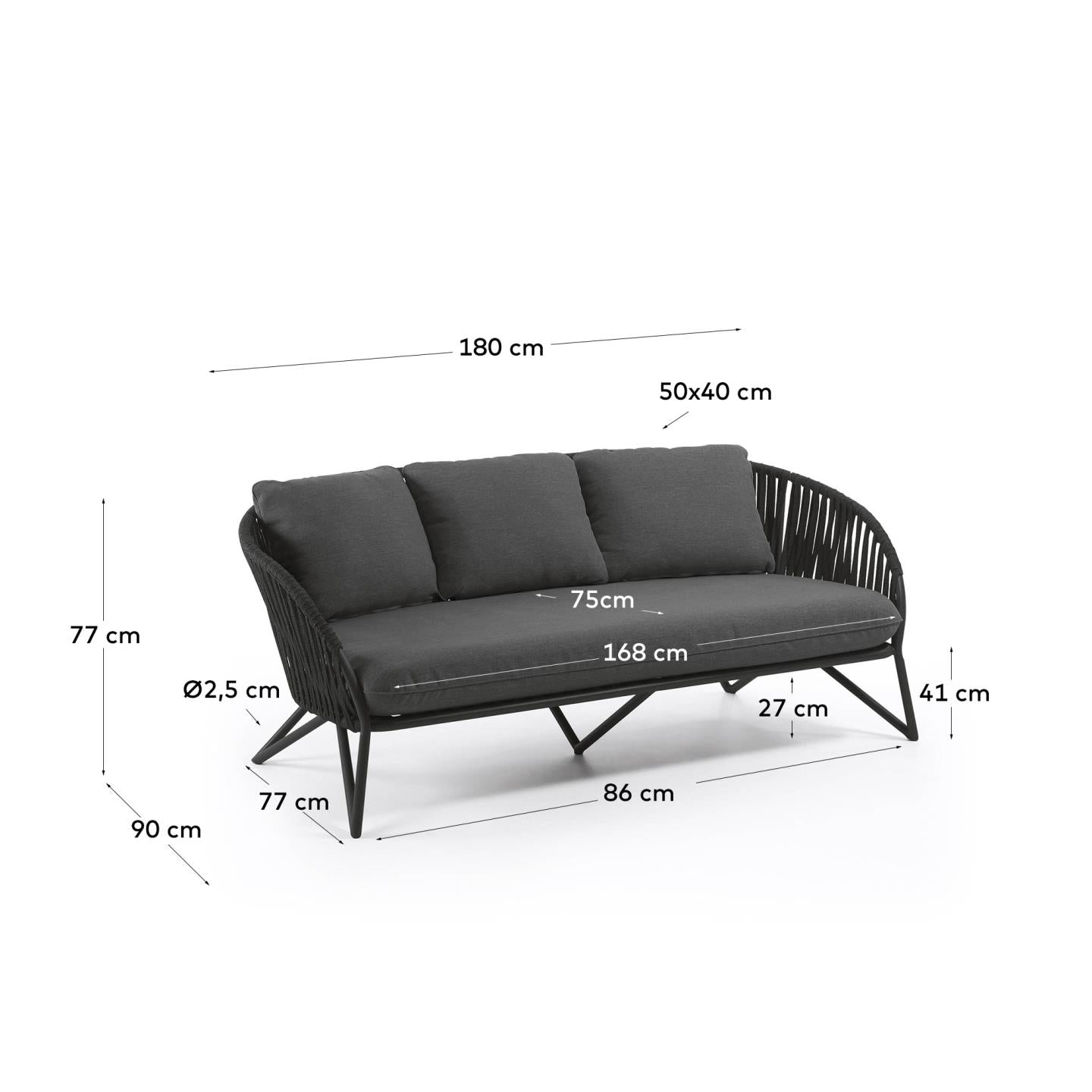 Branzie 3-Sitzer-Sofa aus schwarzem Seil 180 cm in Schwarz präsentiert im Onlineshop von KAQTU Design AG. Lounge Sofa ist von Kave Home