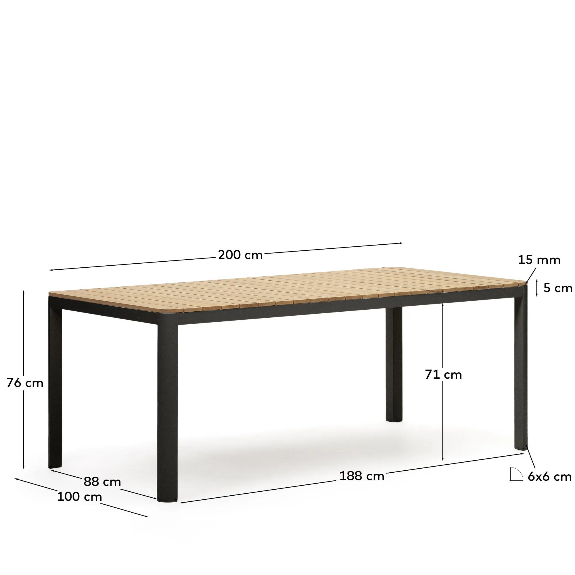 Eleganter Outdoor-Tisch aus massivem Teakholz und schwarzem Aluminium, 200x100 cm, für stilvolle Gartenmomente.