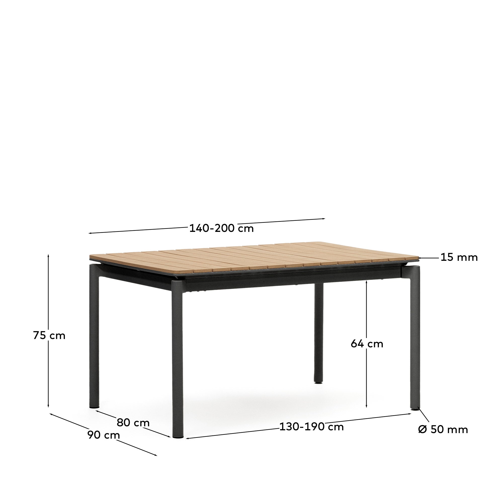 Canyelles Gartenausziehtisch aus Poly-Holz und mattschwarzem Aluminium 140 (200) x 90 cm in Schwarz präsentiert im Onlineshop von KAQTU Design AG. Gartentisch ist von Kave Home