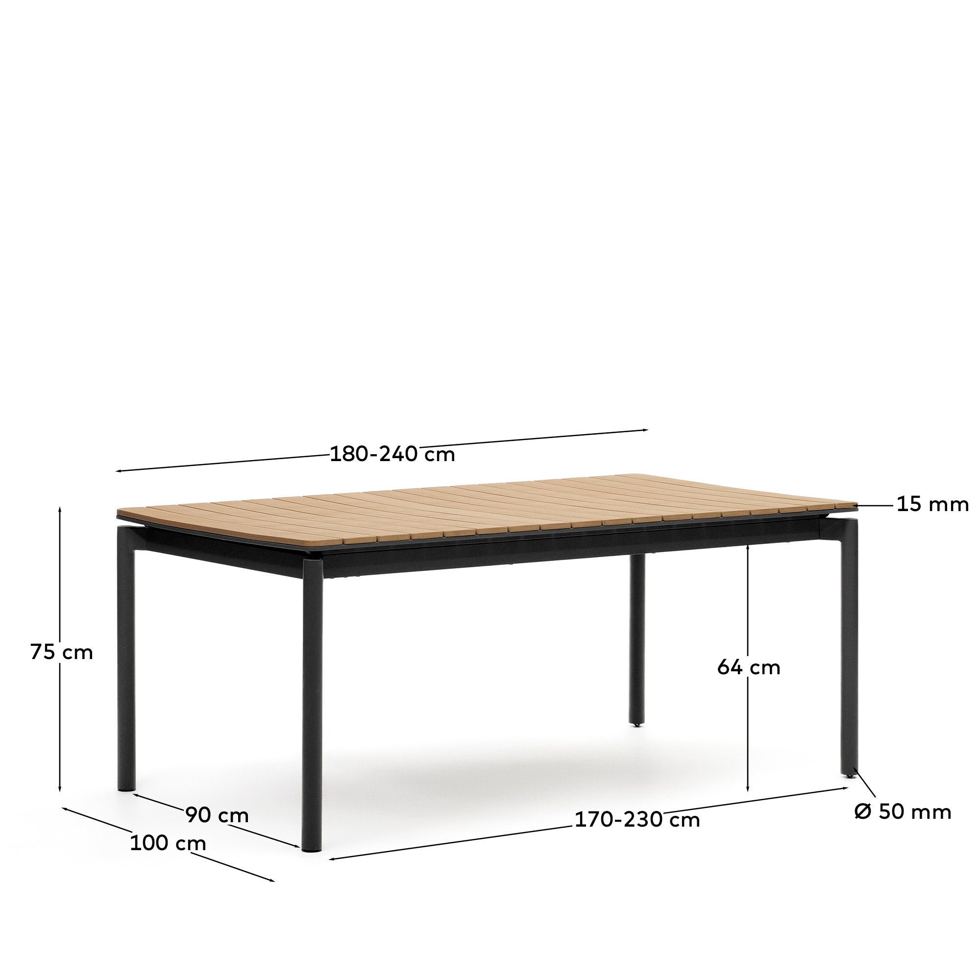 Canyelles Gartenausziehtisch aus Poly-Holz und mattschwarzem Aluminium 180(240) x 100 cm in Schwarz präsentiert im Onlineshop von KAQTU Design AG. Gartentisch ist von Kave Home