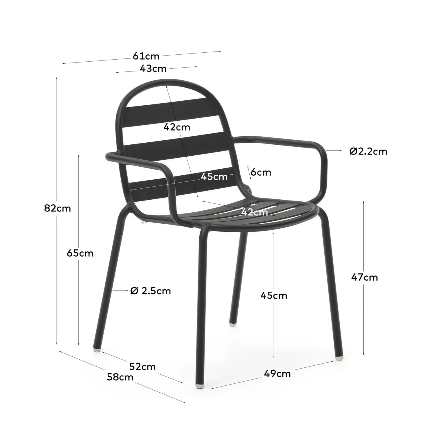 Stapelbarer Joncols Gartenstuhl aus grauem Aluminium von Kave Home.