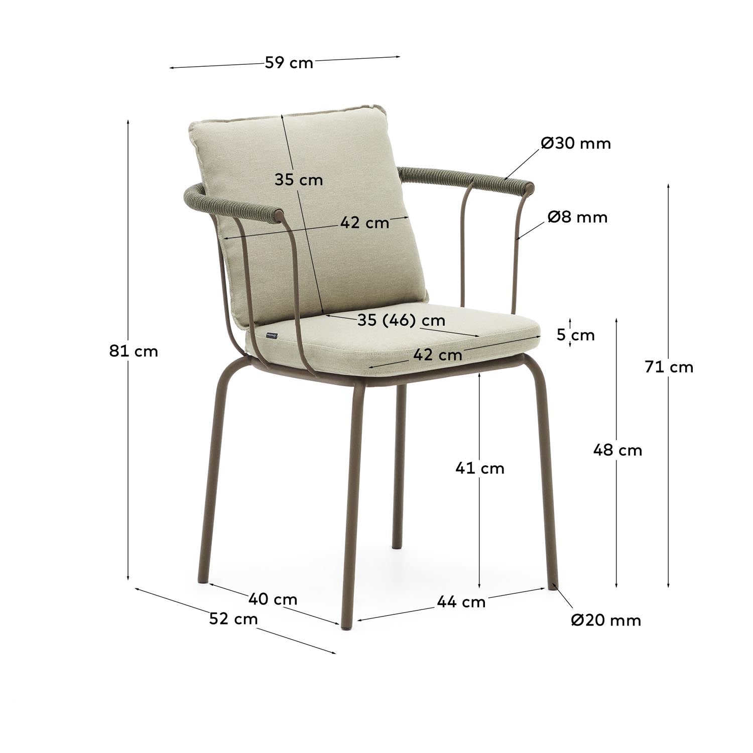 Salguer stapelbarer Stuhl aus Seil und Stahl mit Finish in Braun in Braun, Beige, Grün präsentiert im Onlineshop von KAQTU Design AG. Gartenstuhl mit Armlehnen ist von Kave Home