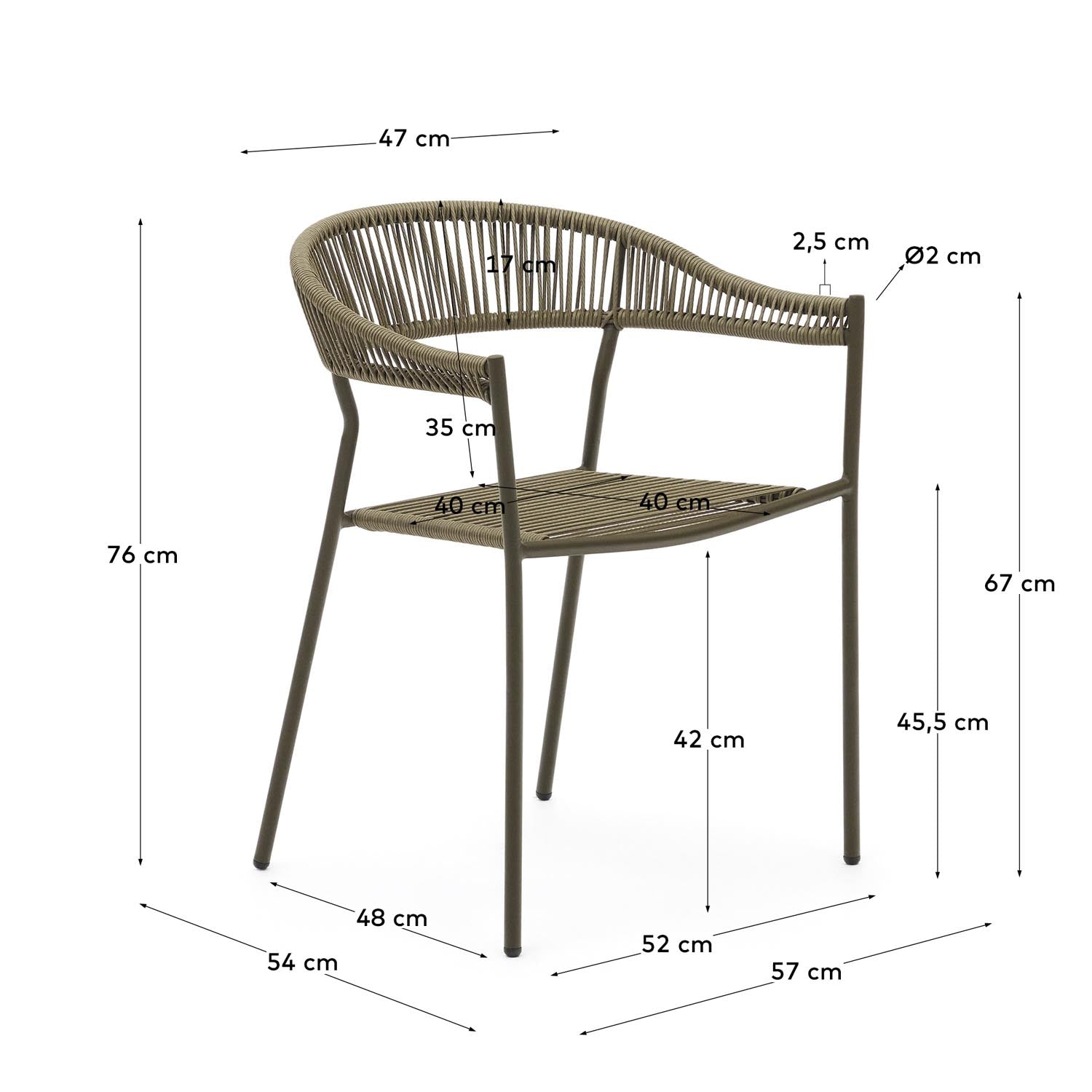 Futadera stapelbarer Gartenstuhl aus Kunststoffseil in Grün und Stahl mit grünem Finish in Grün präsentiert im Onlineshop von KAQTU Design AG. Gartenstuhl mit Armlehnen ist von Kave Home