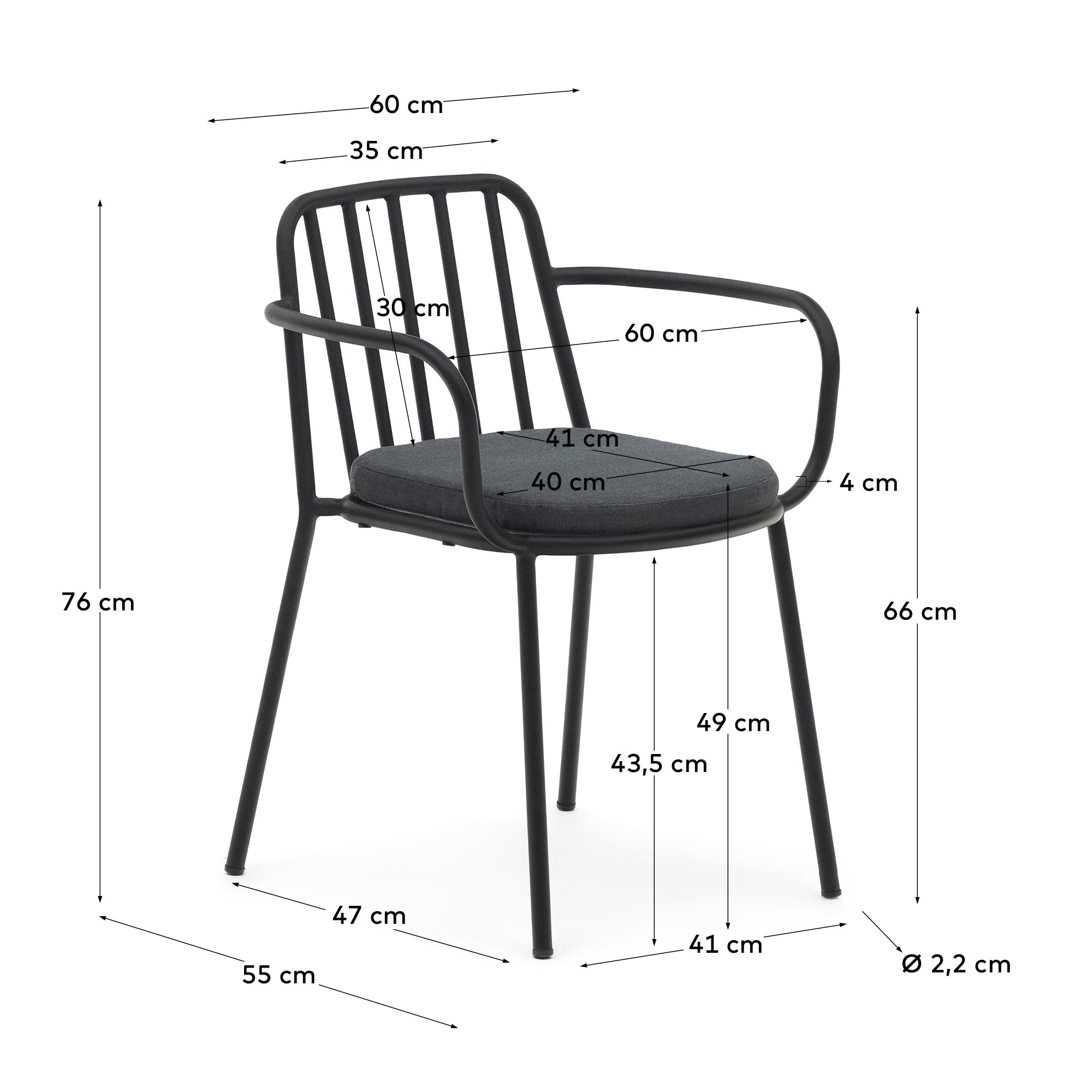 Bramant stapelbarer Stuhl aus Stahl mit schwarzem Finish in Schwarz präsentiert im Onlineshop von KAQTU Design AG. Gartenstuhl ist von Kave Home