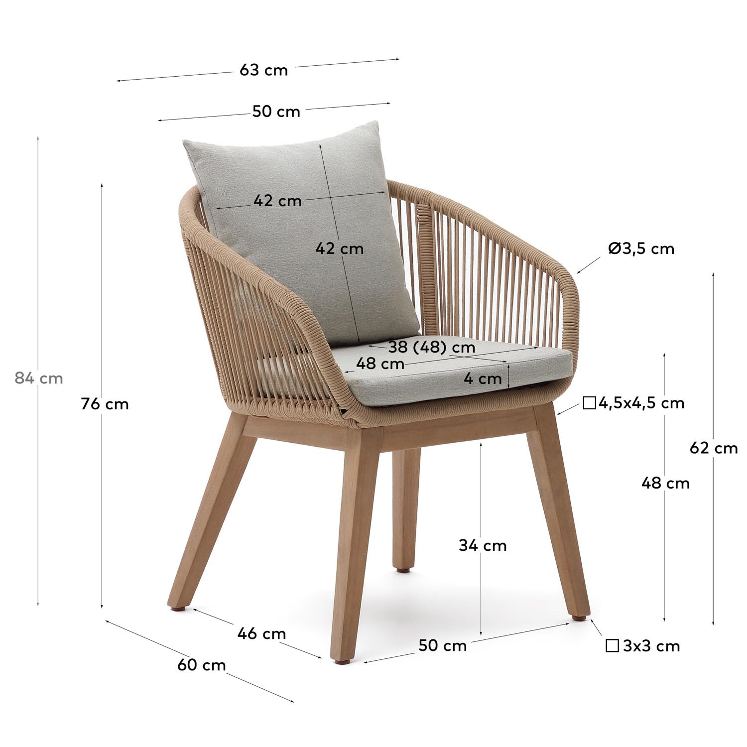 Portalo Stuhl aus Seil in Beige und Beinen massives Akazienholz FSC 100% in Natur präsentiert im Onlineshop von KAQTU Design AG. Gartenstuhl mit Armlehnen ist von Kave Home