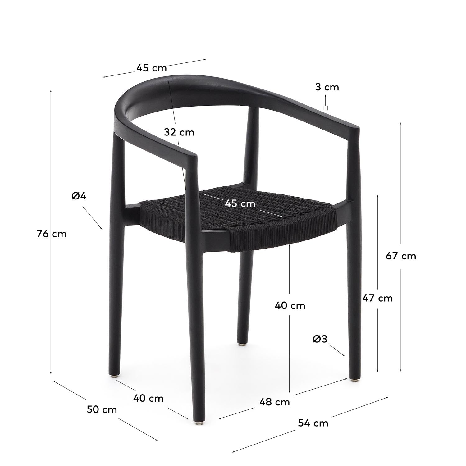 Stapelbarer Outdoor-Stuhl Ydalia aus massivem Teakholz schwarzes Finish schwarzes Seil in Schwarz präsentiert im Onlineshop von KAQTU Design AG. Gartenstuhl mit Armlehnen ist von Kave Home