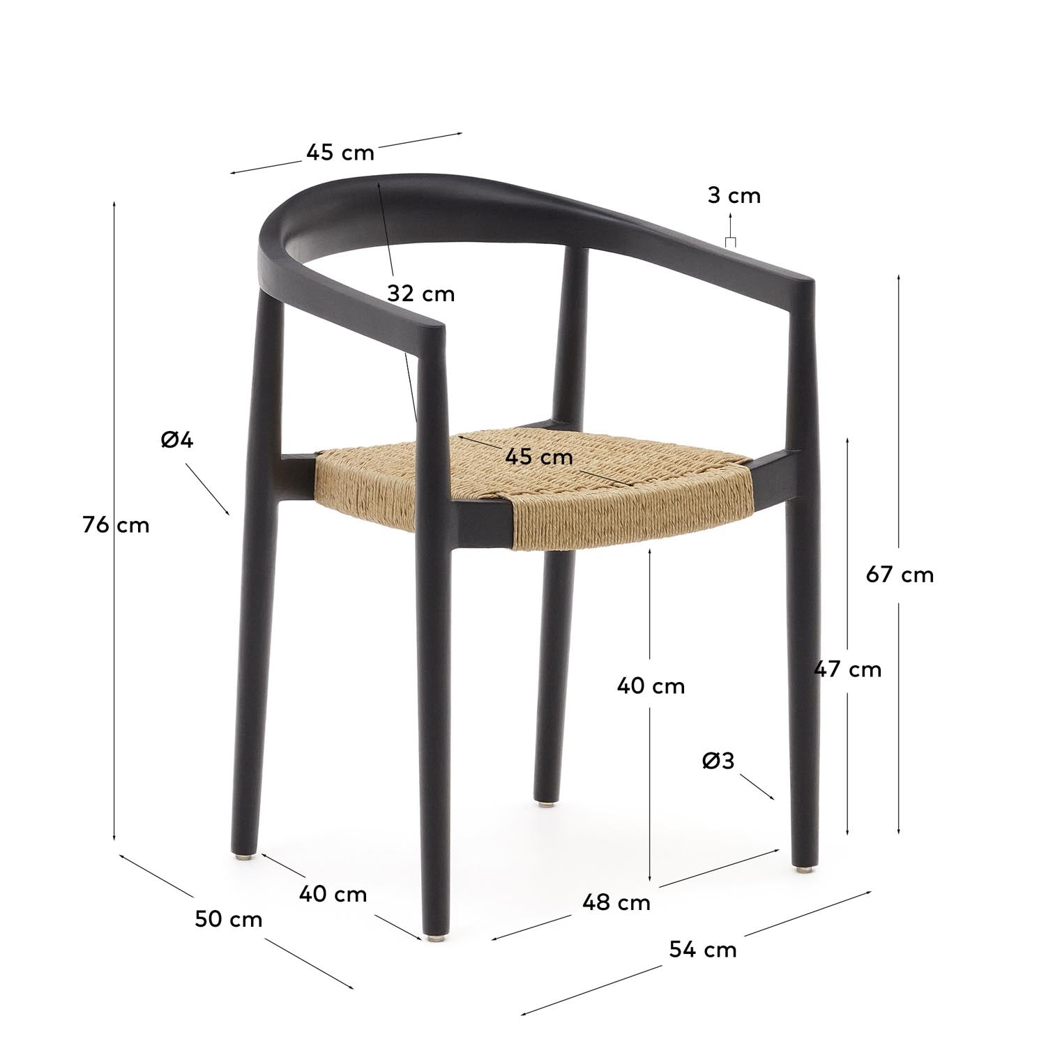 Stapelbarer Outdoor-Stuhl Ydalia massives Teakholz schwarz Seil aus synthetischem Rattan in Schwarz, Natur präsentiert im Onlineshop von KAQTU Design AG. Gartenstuhl mit Armlehnen ist von Kave Home