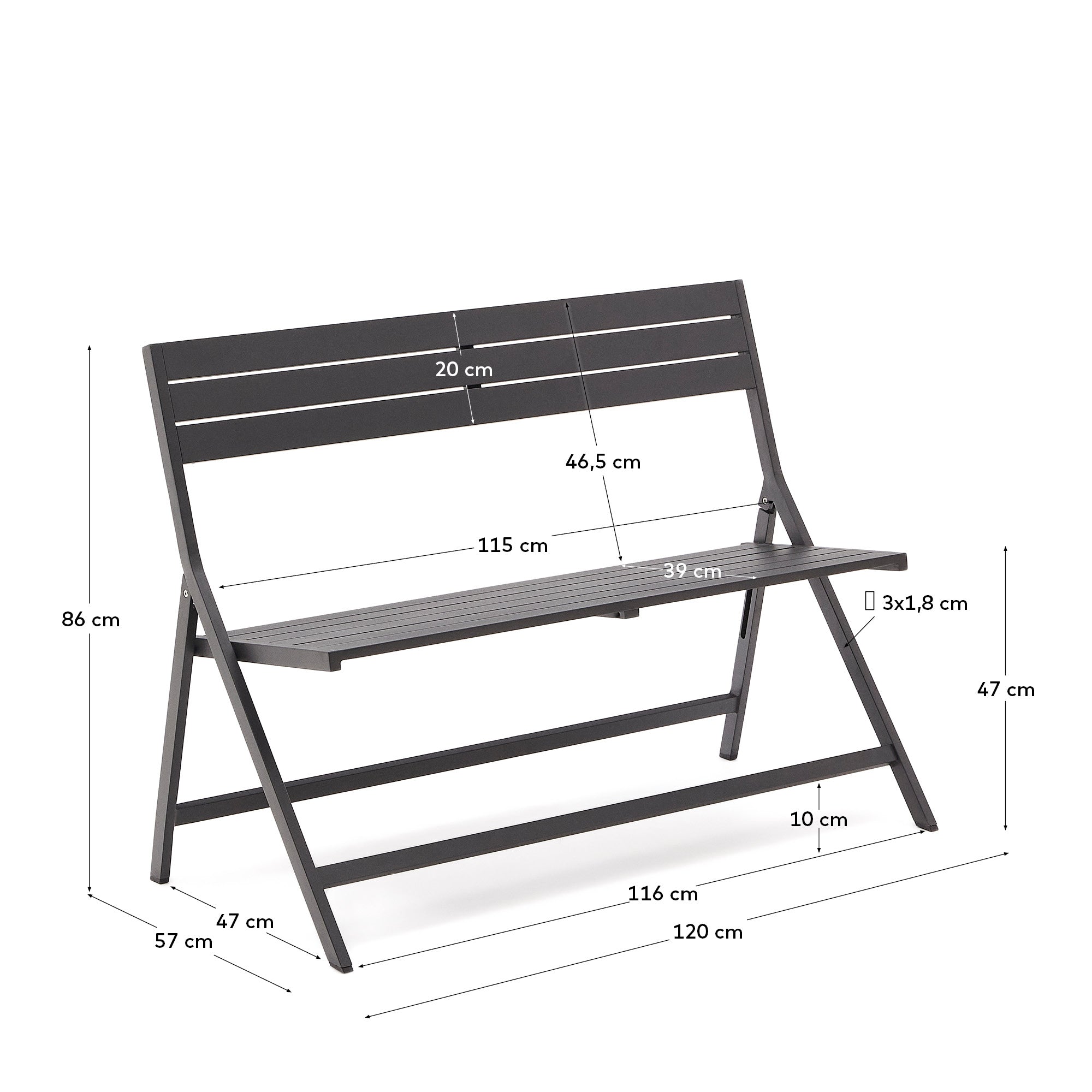 Faltbare Gartenbank Torreta aus Aluminium mit dunkelgrauem Finish in Graphit präsentiert im Onlineshop von KAQTU Design AG. Gartenbank ist von Kave Home