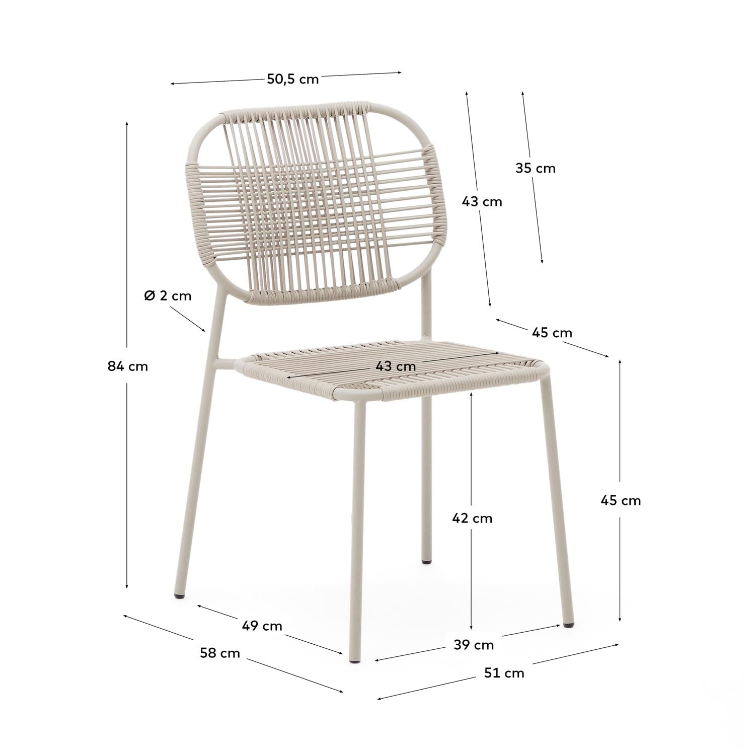 Talaier Outdoor Stuhl stapelbar aus synthetischem Seil und verzinktem Stahl beigefarbenes  in Ecru präsentiert im Onlineshop von KAQTU Design AG. Gartenstuhl ist von Kave Home