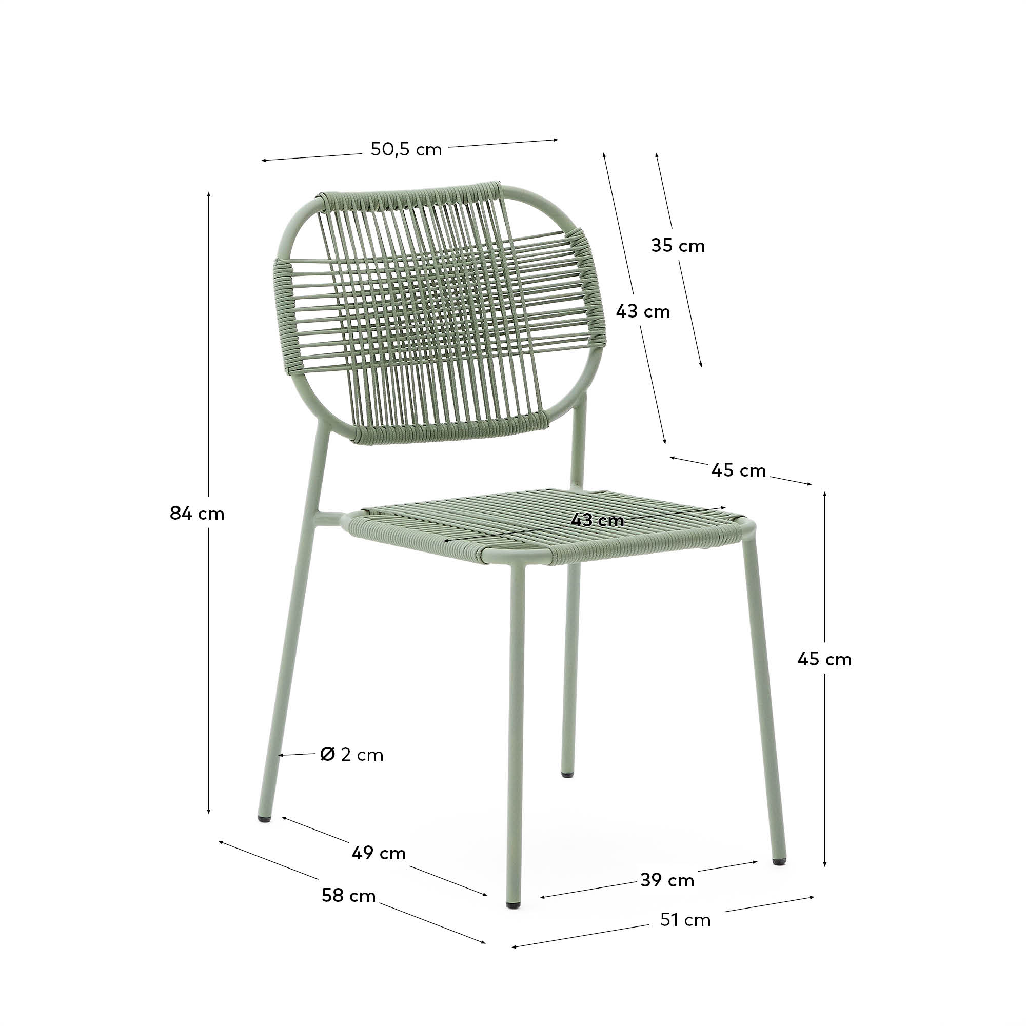 Stapelbarer Talaier Outdoor-Stuhl aus synthetischem Seil und verzinktem Stahl mit türkisfa in Hellgrün präsentiert im Onlineshop von KAQTU Design AG. Gartenstuhl ist von Kave Home