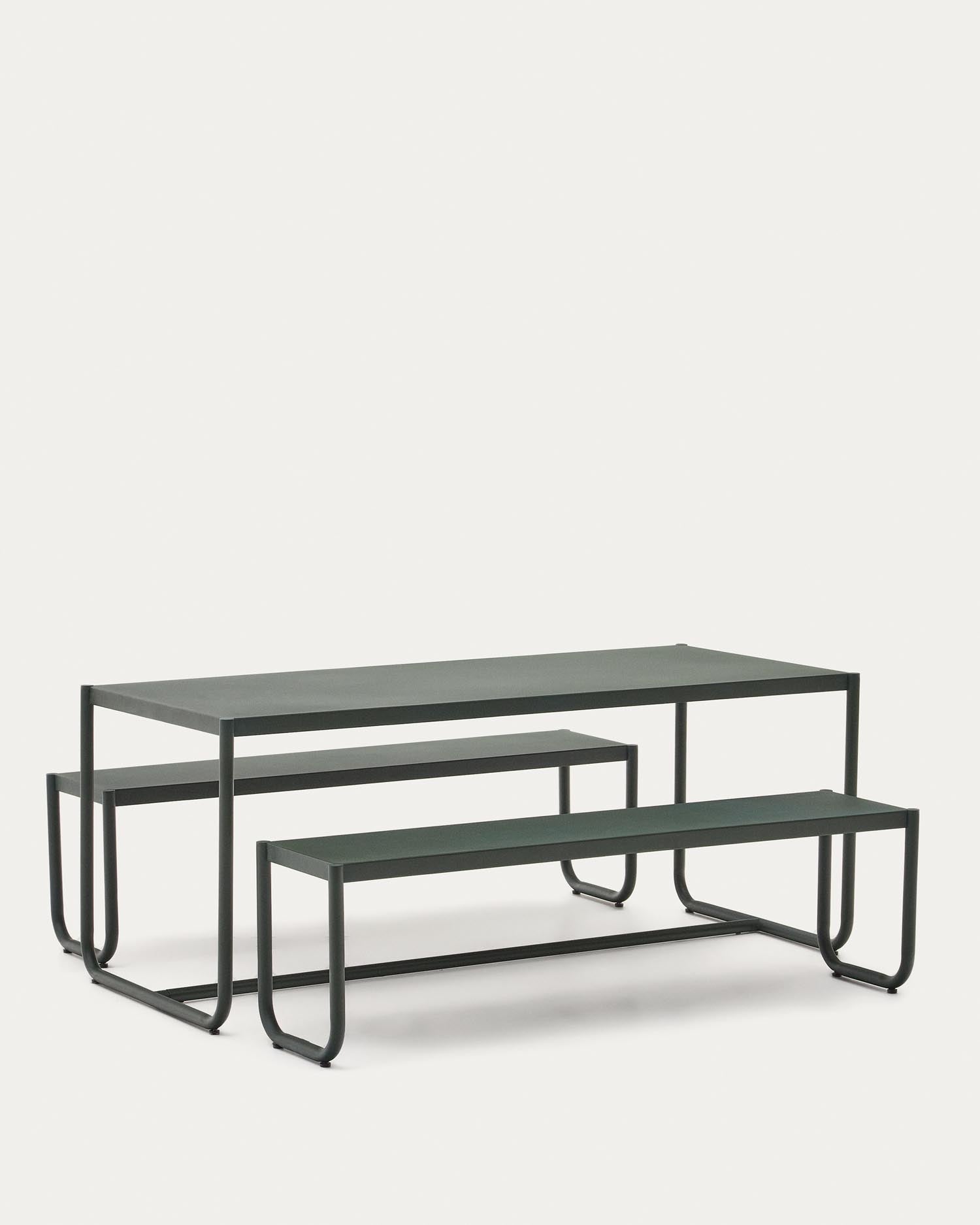 Sotil Set aus 2 Bänken und Tisch aus verzinktem Stahl mit grünem Finish 183 x 83 cm in Grün präsentiert im Onlineshop von KAQTU Design AG. Gartentischset ist von Kave Home