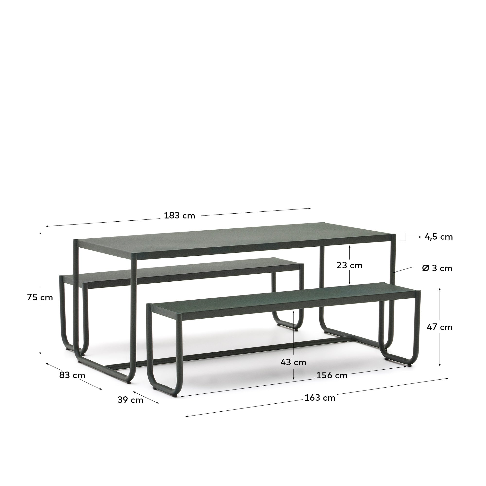 Sotil Set aus 2 Bänken und Tisch aus verzinktem Stahl mit grünem Finish 183 x 83 cm in Grün präsentiert im Onlineshop von KAQTU Design AG. Gartentischset ist von Kave Home