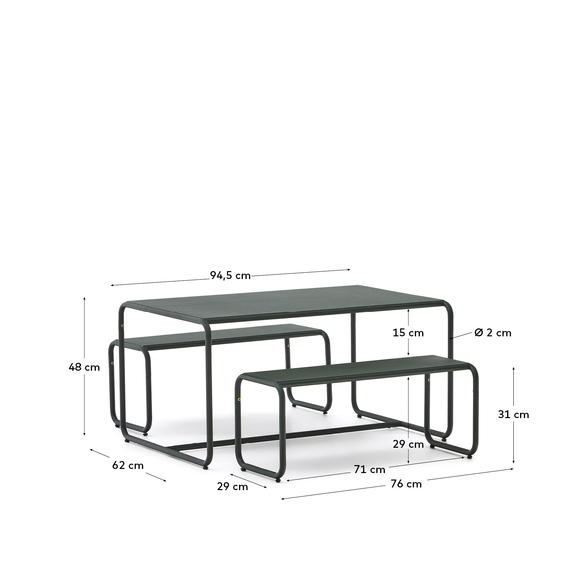 Sotil Kinder-Set mit 2 Bänken und Tisch aus verzinktem Stahl, grünes Finish, 95 x 62 cm in Grün präsentiert im Onlineshop von KAQTU Design AG. Gartentisch ist von Kave Home