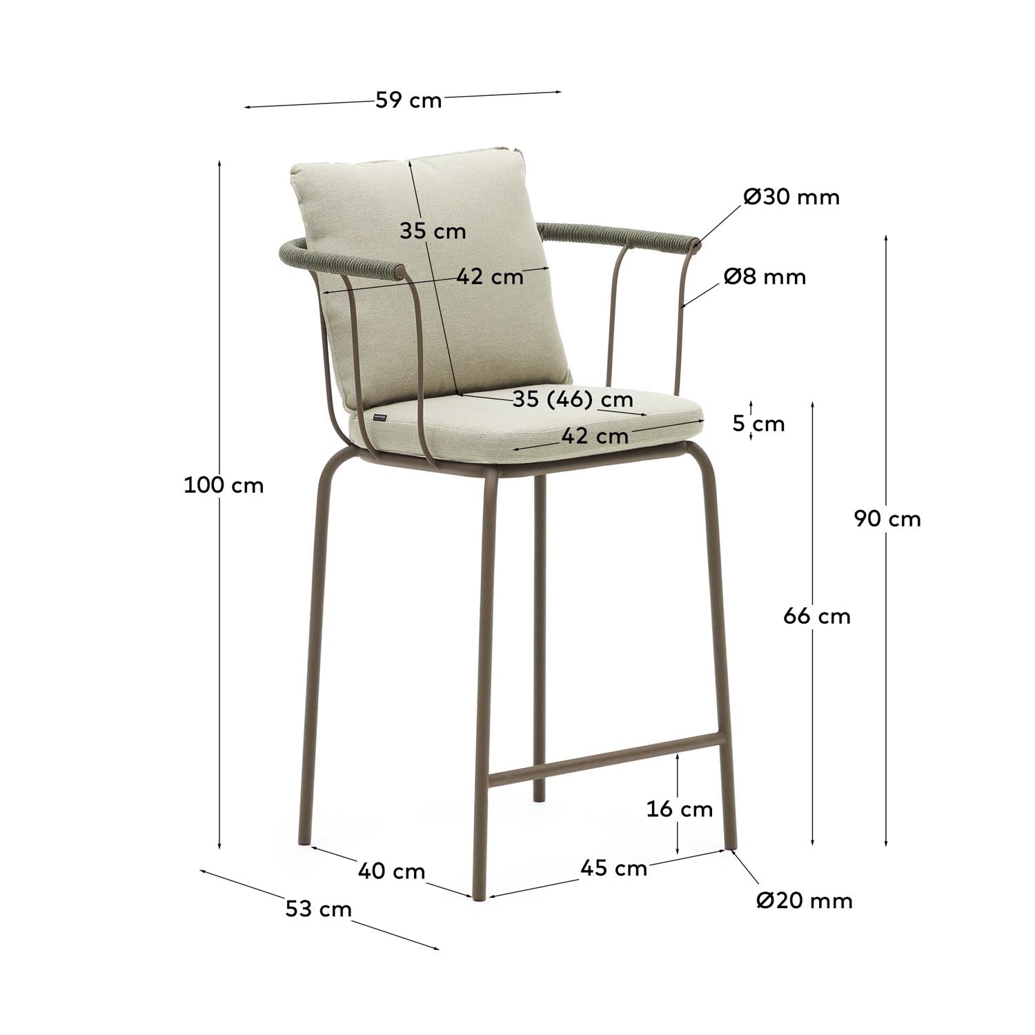 Salguer stapelbarer Hocker aus Seil und Stahl mit Finish in Braun 66 cm in Braun, Beige, Grün präsentiert im Onlineshop von KAQTU Design AG. Hocker Outdoor ist von Kave Home