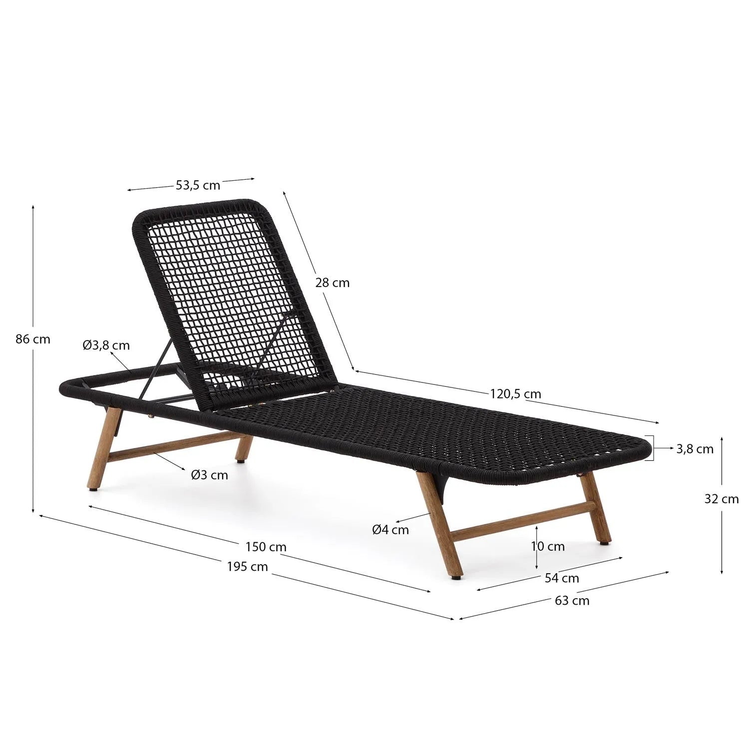 Sonnenliege Dandara mit Stahlstruktur, schwarzem Flechtwerk und Füßen aus massivem Akazien in Schwarz präsentiert im Onlineshop von KAQTU Design AG. Liegestuhl ist von Kave Home