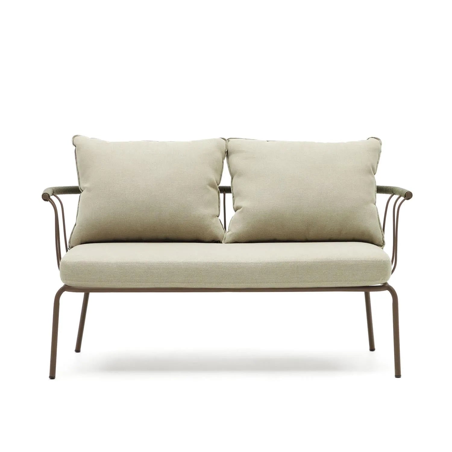 Elegantes 2-Sitzer-Sofa aus grünem Seil und braunem Stahl, 134 cm, ideal für stilvolle Outdoor-Entspannung.