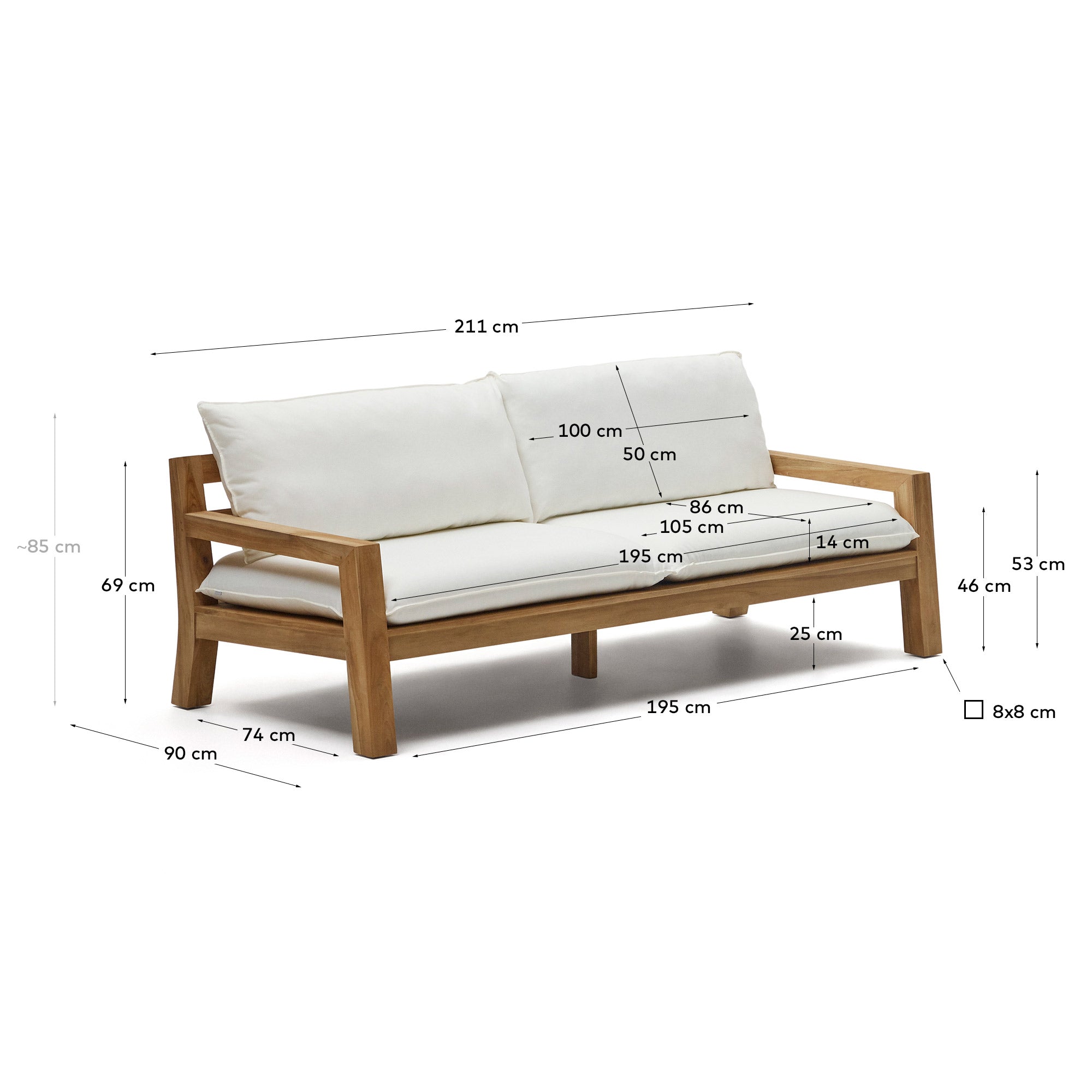 Forcanera 3-Sitzer-Sofa aus massivem Teakholz 211 cm in Weiß präsentiert im Onlineshop von KAQTU Design AG. Lounge Sofa ist von Kave Home