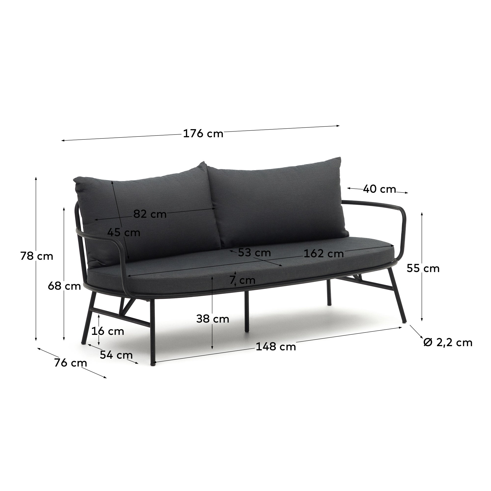 Bramant 2-Sitzer-Sofa aus Stahl mit schwarzem Finish 175,5 cm in Schwarz präsentiert im Onlineshop von KAQTU Design AG. Lounge Sofa ist von Kave Home