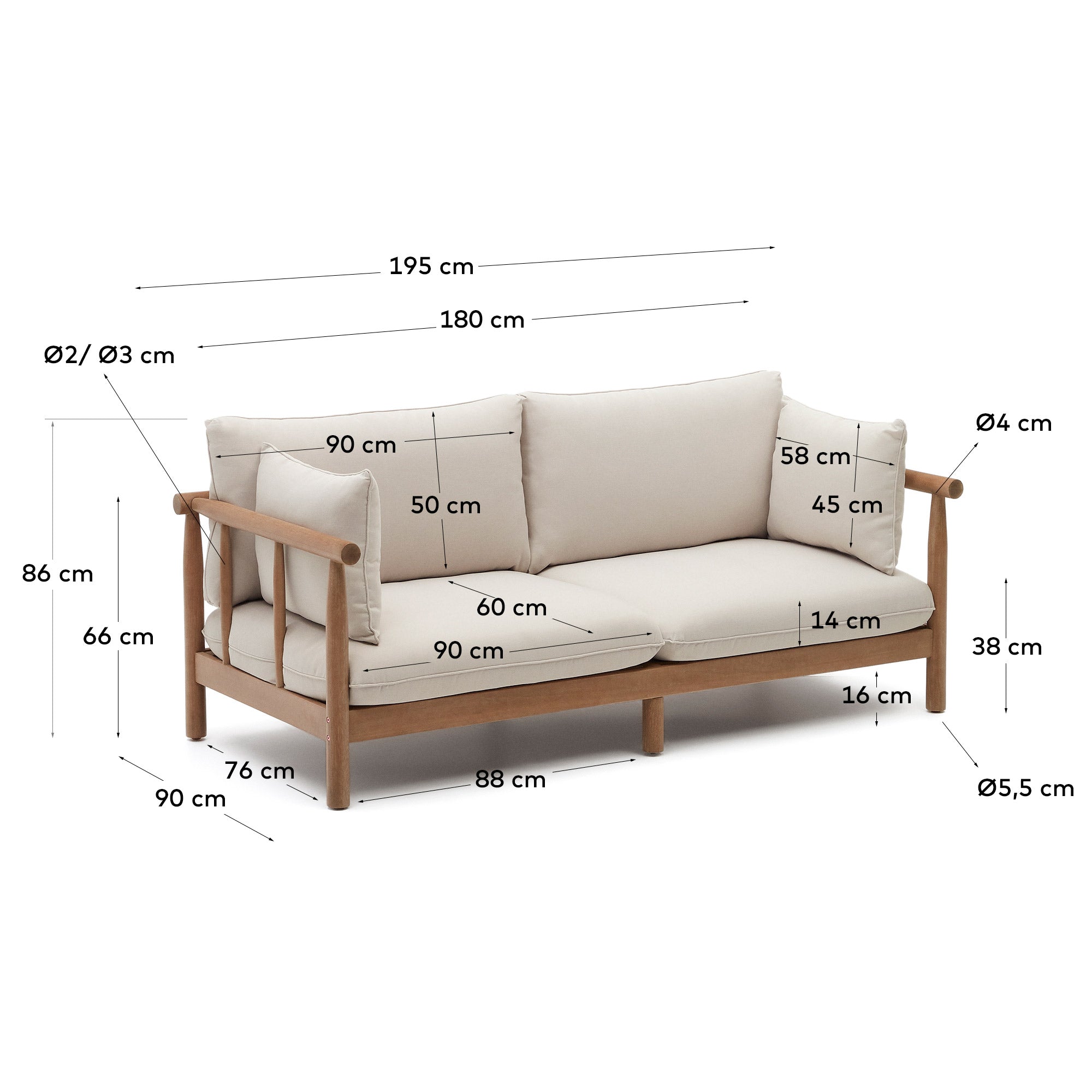 Sacova 2-Sitzer-Sofa aus massivem Eukalyptusholz 195 cm FSC 100% in Mehrfarbig präsentiert im Onlineshop von KAQTU Design AG. Lounge Sofa ist von Kave Home