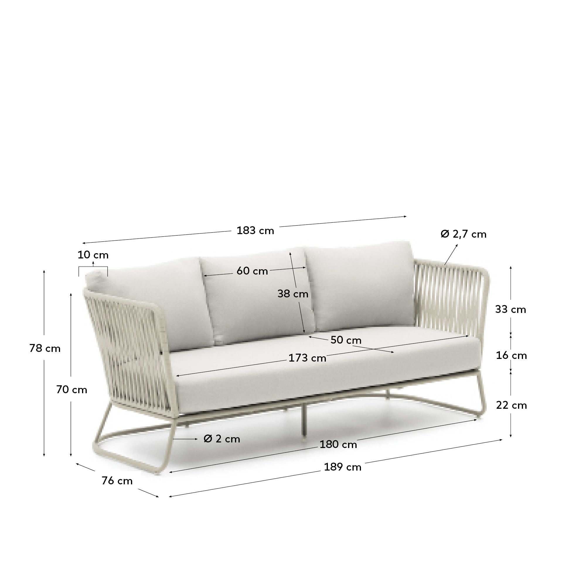 3-Sitzer-Outdoor-Sofa Saconca aus Seil und grau verzinktem Stahl 189 cm in Hellgrau präsentiert im Onlineshop von KAQTU Design AG. Lounge Sofa ist von Kave Home