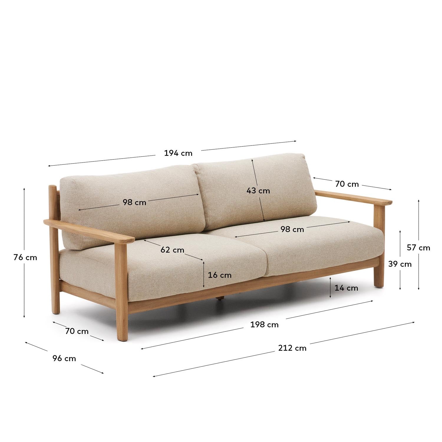 Tirant 3-Sitzer-Sofa aus massivem Teakholz FSC 100% 212 cm in Natur präsentiert im Onlineshop von KAQTU Design AG. Lounge Sofa ist von Kave Home