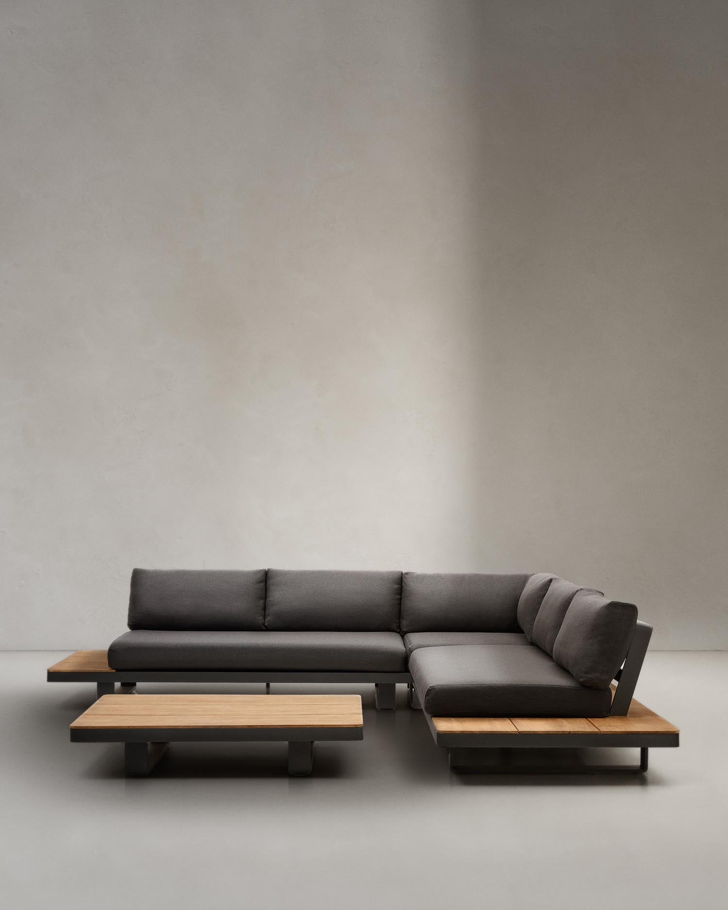 Tosqueta Set 5-Sitzer-Ecksofa und Tisch aus Aluminium und massivem Teakholz FSC 100% in Schwarz präsentiert im Onlineshop von KAQTU Design AG. Lounge Sofa ist von Kave Home