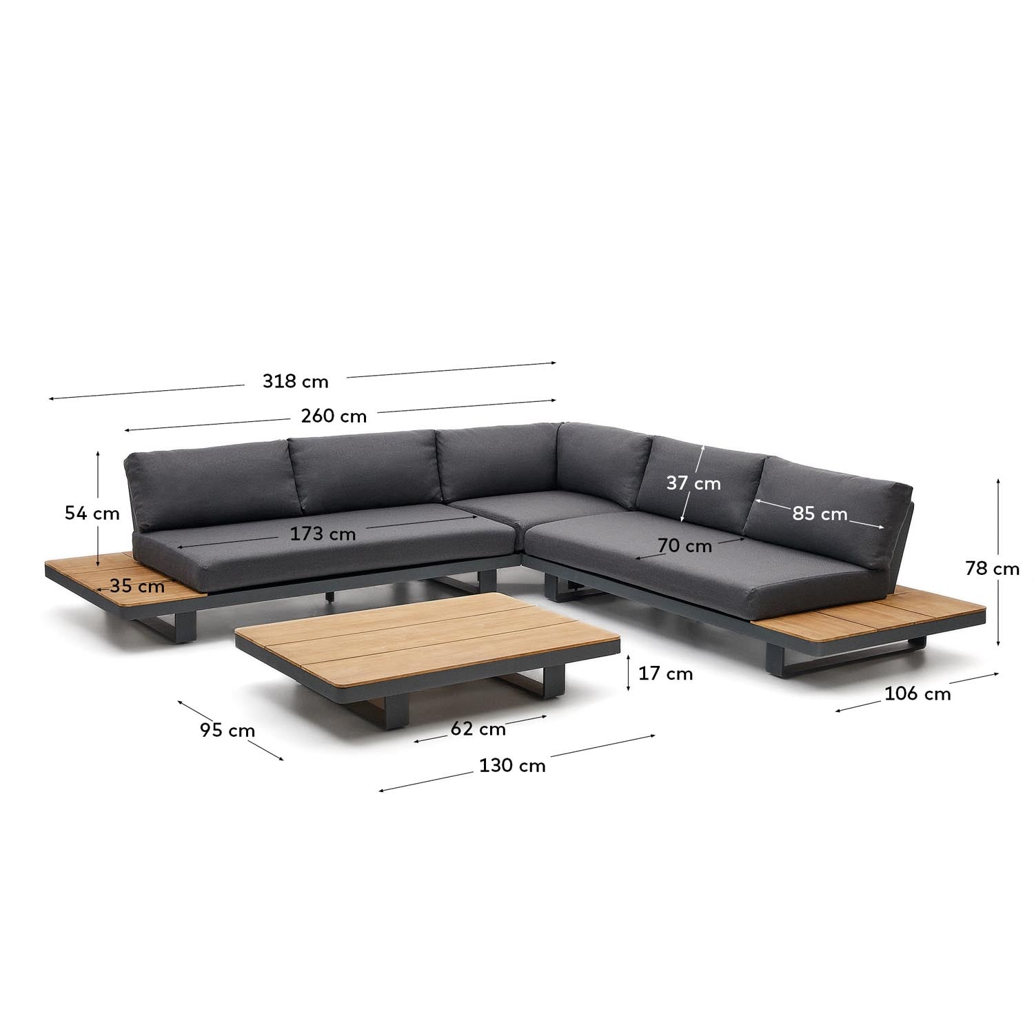 Tosqueta Set 5-Sitzer-Ecksofa und Tisch aus Aluminium und massivem Teakholz FSC 100% in Schwarz präsentiert im Onlineshop von KAQTU Design AG. Lounge Sofa ist von Kave Home