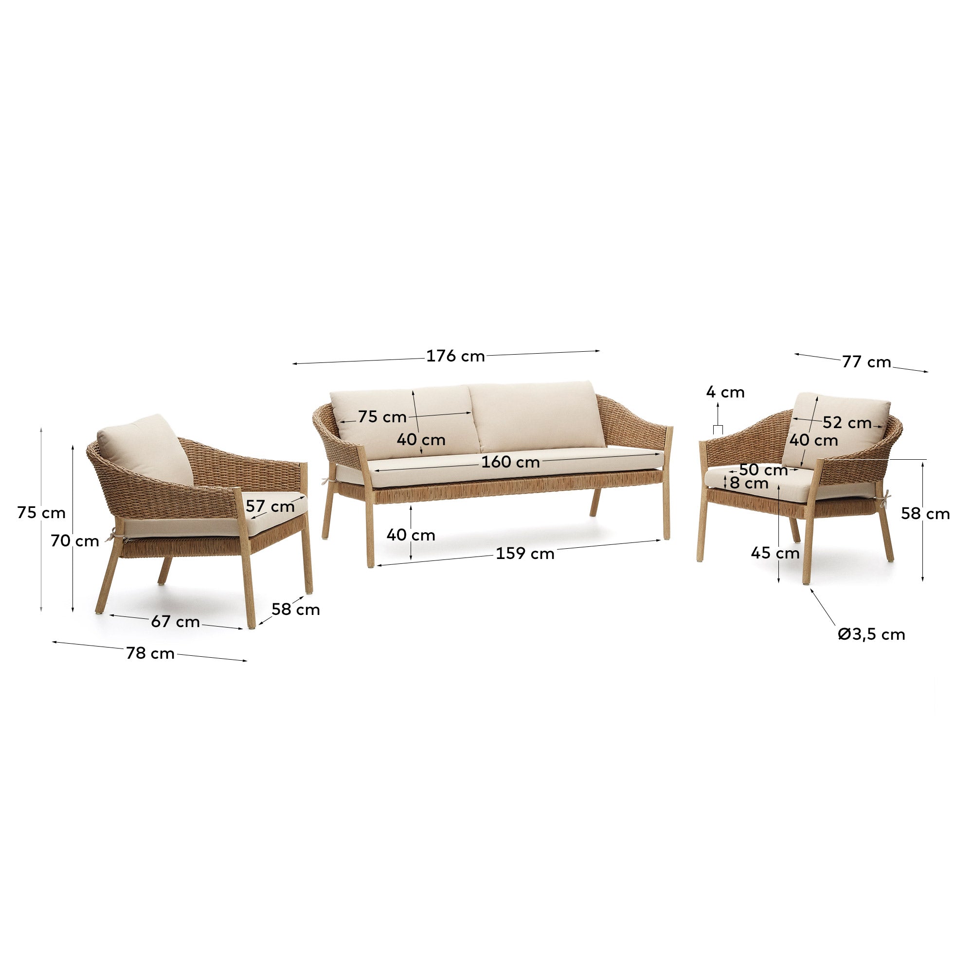 Pola stapelbares Set 2-Sitzer-Sofa + 2 Sesseln massiver Eukalyptus Kunstrattan FSC 100% in Mehrfarbig präsentiert im Onlineshop von KAQTU Design AG. Lounge Sofa ist von Kave Home