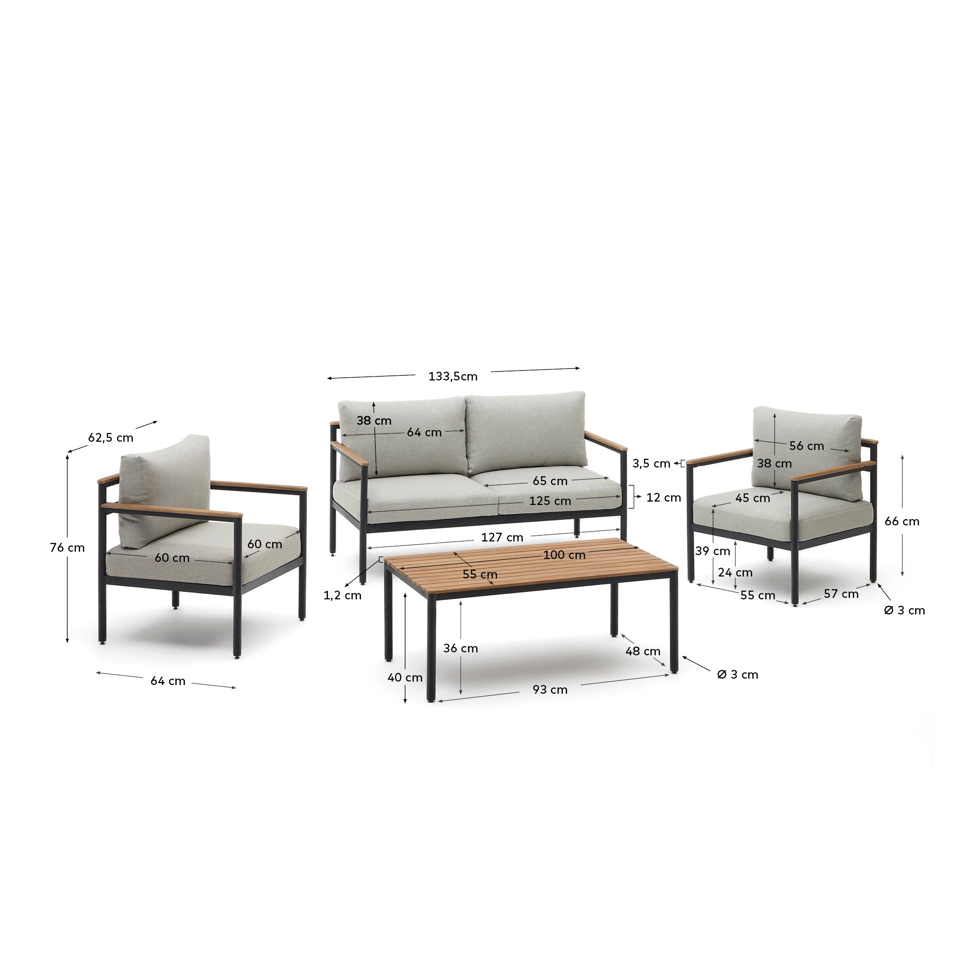 Aiguafreda Set 2-Sitzer-Sofa 2 Sesseln + Couchtisch Alu grau massives Akazienholz FSC 100% in Mehrfarbig präsentiert im Onlineshop von KAQTU Design AG. Lounge Sofa ist von Kave Home