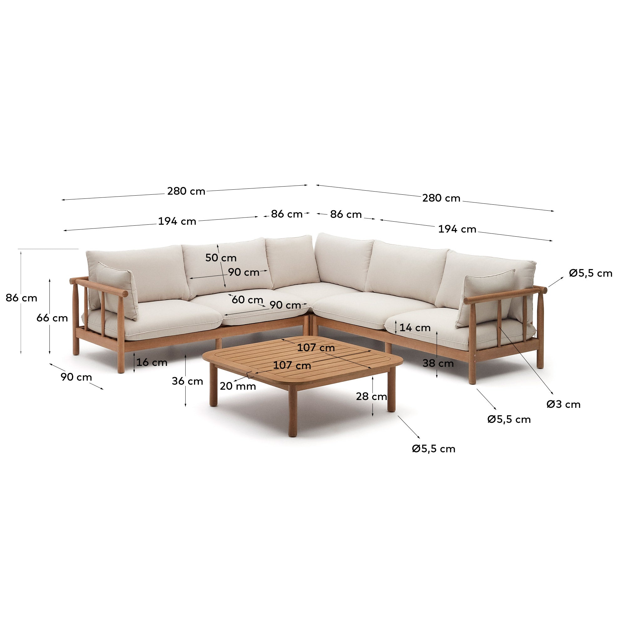 Sacova Set aus 5-Sitzer-Ecksofa und Couchtisch massives Eukalyptusholz FSC 100% in Mehrfarbig präsentiert im Onlineshop von KAQTU Design AG. Lounge Sofa ist von Kave Home