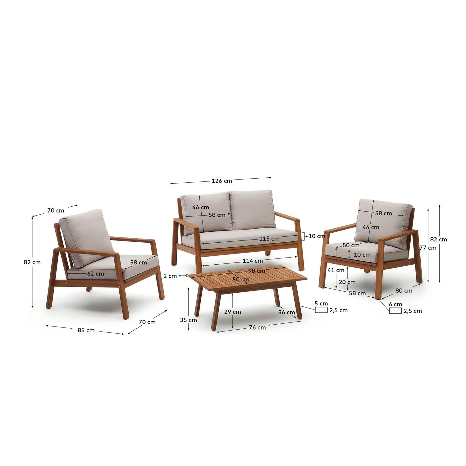 Frares Set aus 2-Sitzer-Sofa, 2 Sesseln und Couchtisch massives Akazienholz FSC 100% in Natur präsentiert im Onlineshop von KAQTU Design AG. 2er Sofa ist von Kave Home