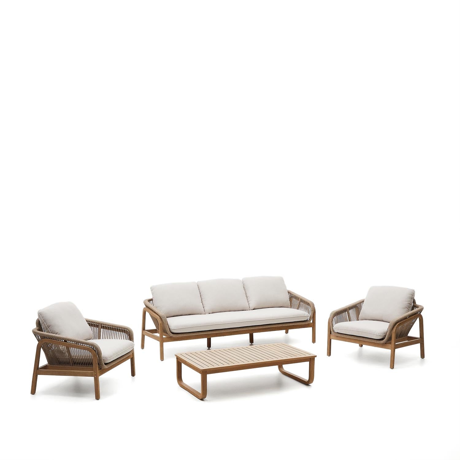 Vellana Set aus 3-Sitzer-Sofa, 2 Sesseln und Couchtisch aus massivem Akazienholz FSC 100% in Ecru, Beige, Natur, Weiß präsentiert im Onlineshop von KAQTU Design AG. 3er Sofa ist von Kave Home