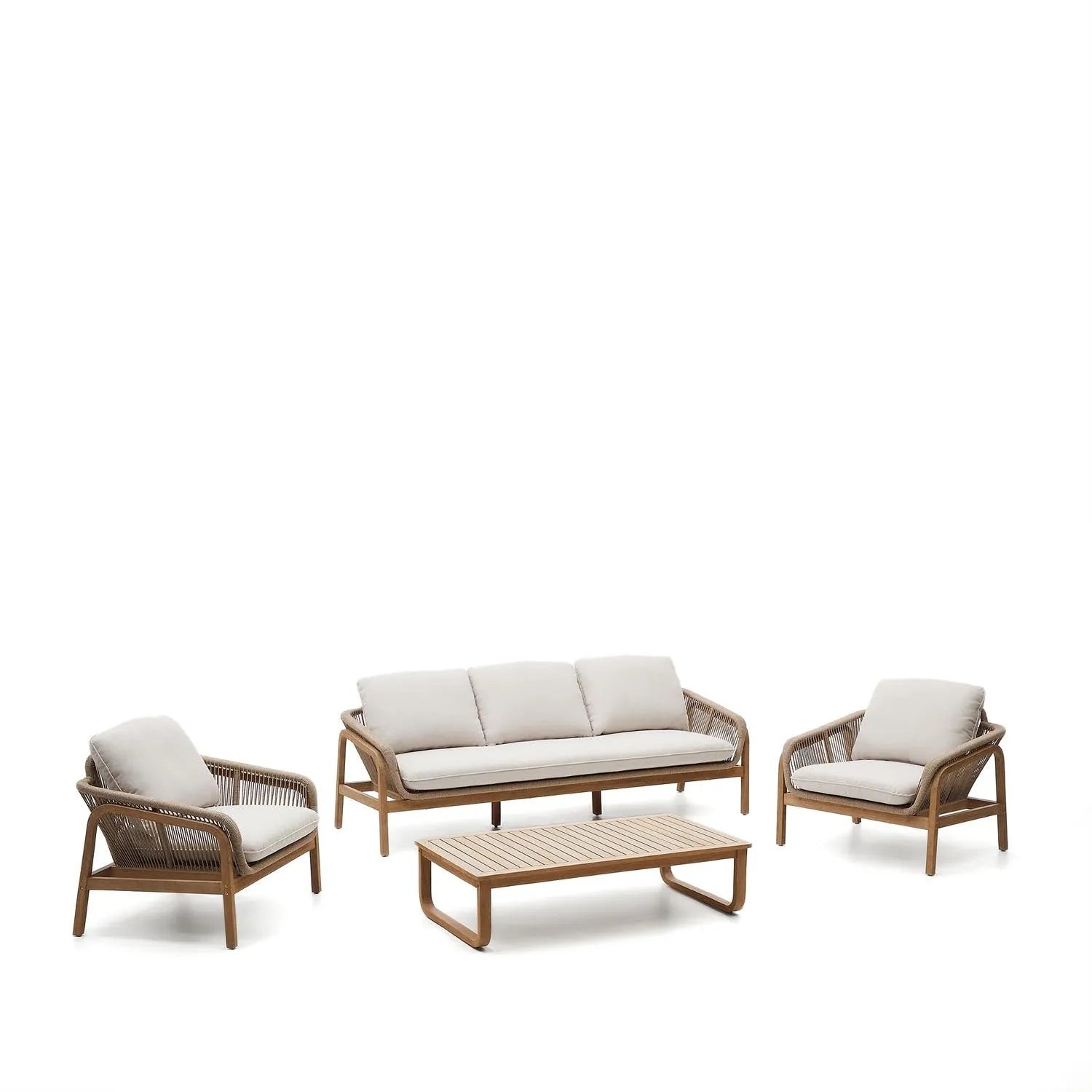 Elegantes Vellana Set: 3-Sitzer, 2 Sessel, Couchtisch aus FSC-zertifiziertem Akazienholz. Komfort & Stil für deinen Außenbereich.