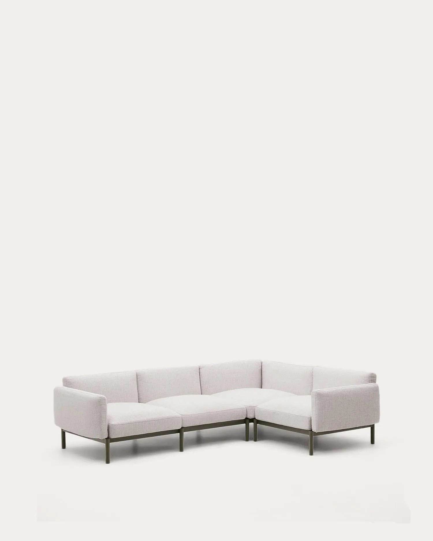 Modulares 5-Sitzer-Ecksofa Sorells: Elegante beige Polsterung, grüner Aluminiumrahmen, wetterfest, flexibel anpassbar, 276 cm.