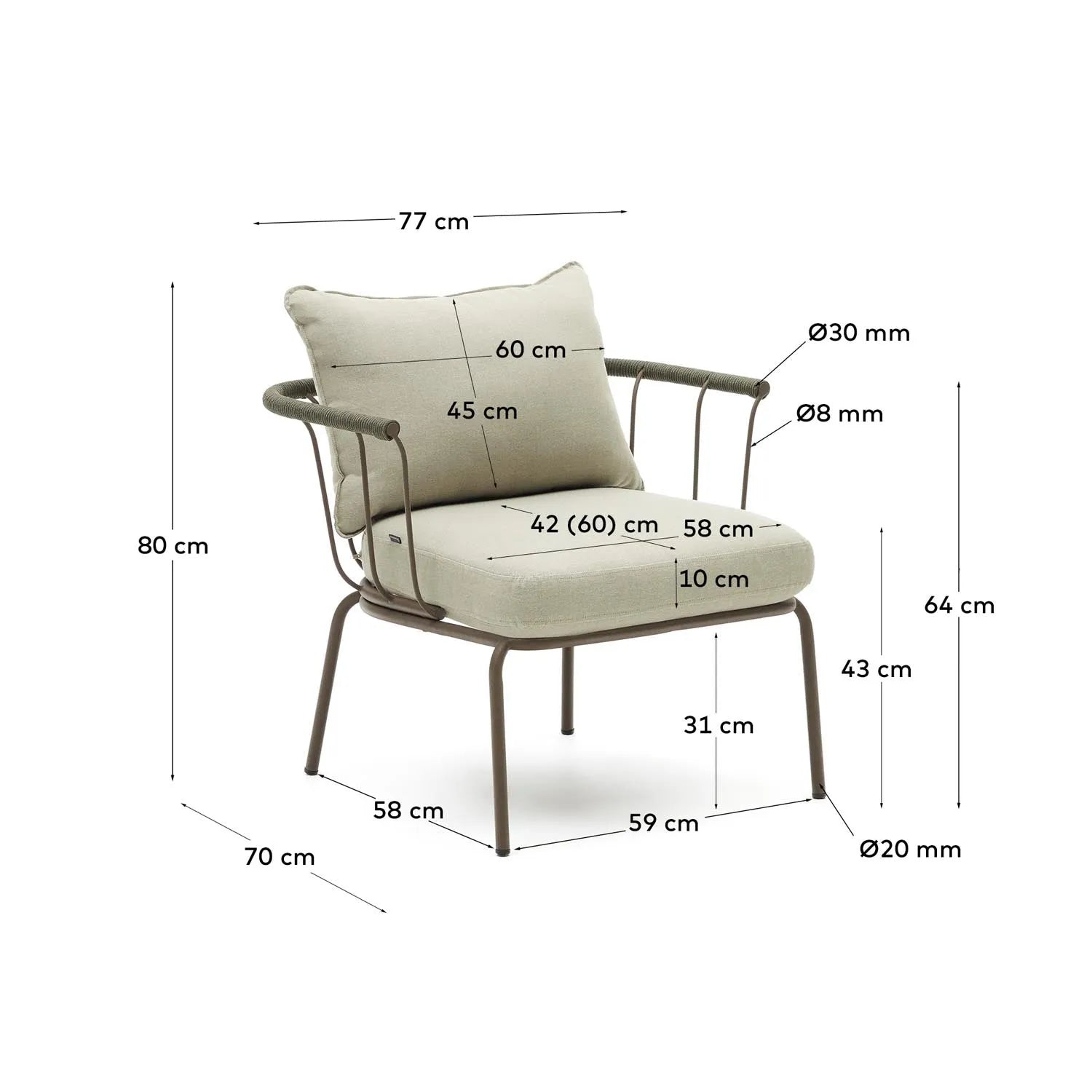 Salguer Sessel aus grünem Seil und Stahl in Braun in Braun, Beige, Grün präsentiert im Onlineshop von KAQTU Design AG. Outdoor-Sessel mit Armlehnen ist von Kave Home