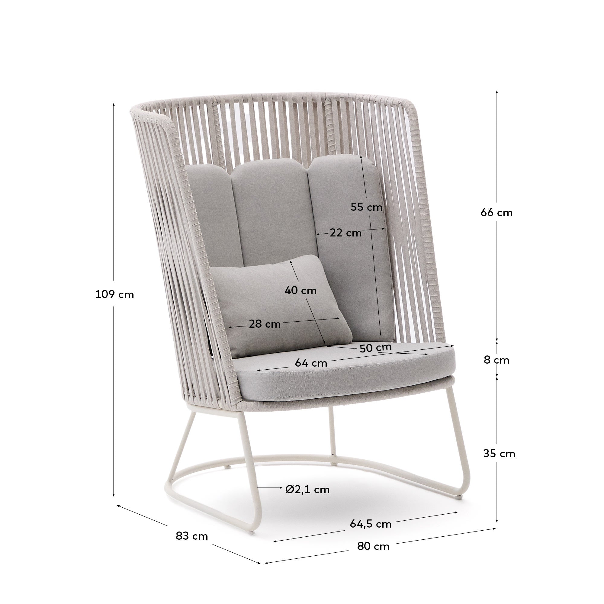 Outdoor-Sessel mit hoher Rückenlehne Saconca aus Seil und grau verzinktem Stahl in Hellgrau präsentiert im Onlineshop von KAQTU Design AG. Outdoor-Sessel ist von Kave Home