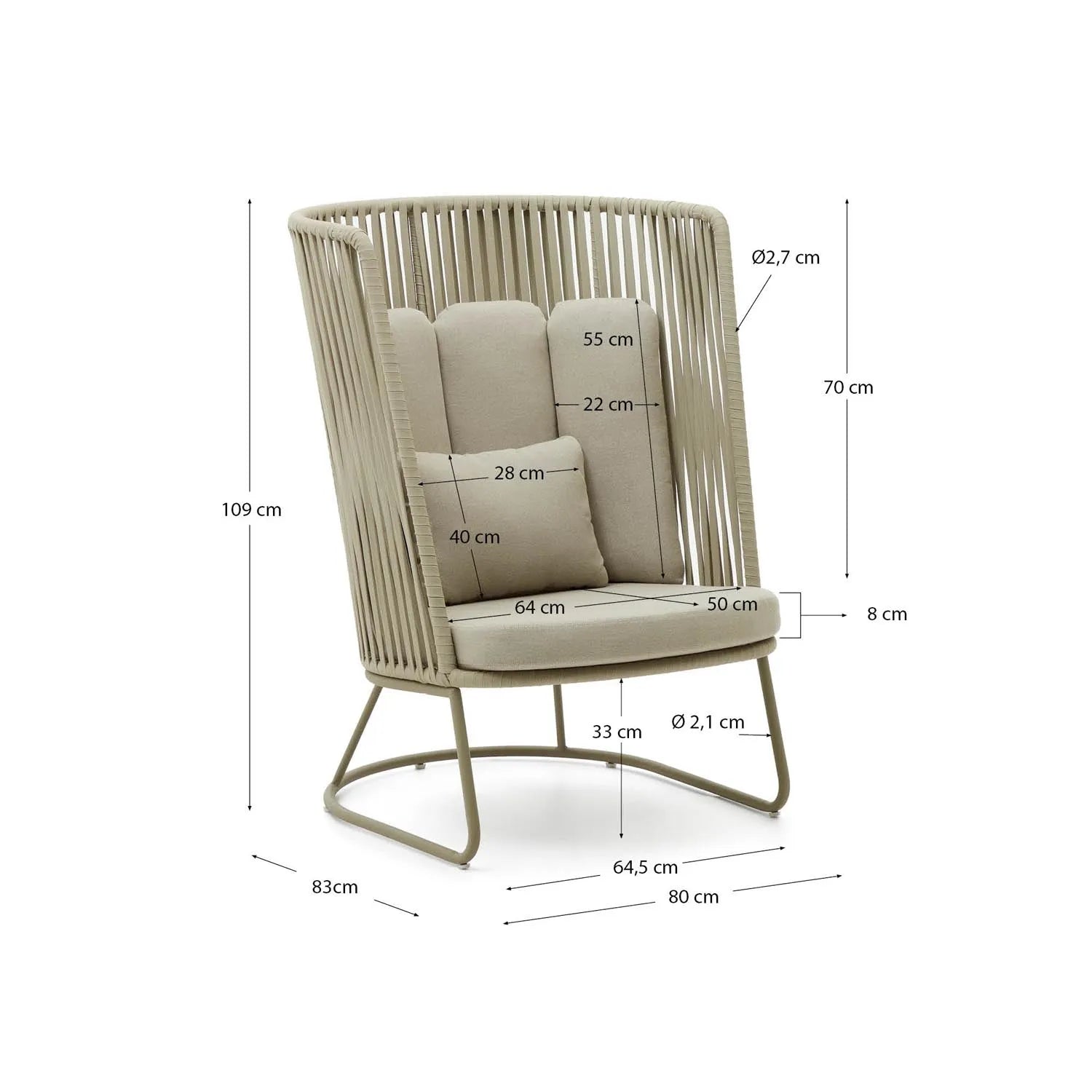 Sessel Saconca mit hoher Rückenlehne für den Außenbereich mit Flechtwerk und verzinktem St in Beige, Grün präsentiert im Onlineshop von KAQTU Design AG. Outdoor-Sessel mit Armlehnen ist von Kave Home