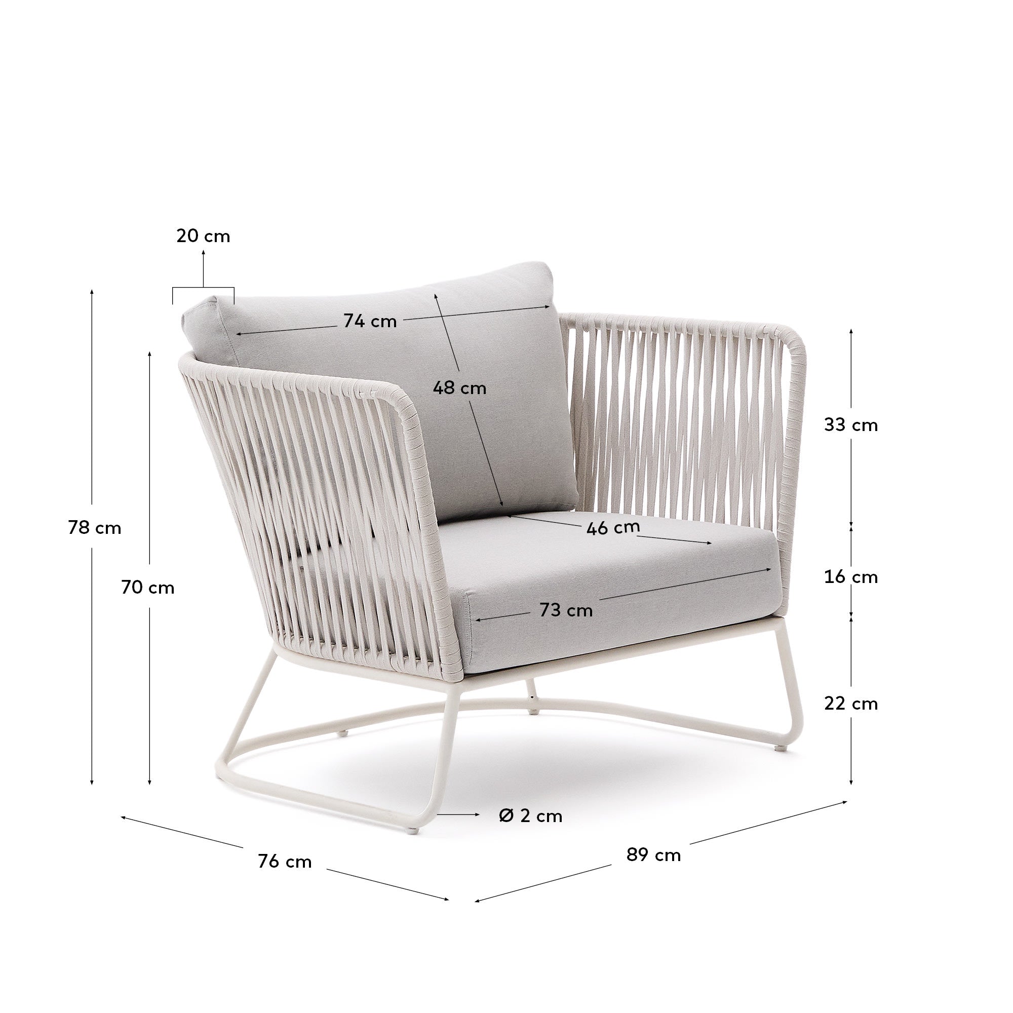 Outdoor-Sessel Saconca aus Seil und grau verzinktem Stahl in Hellgrau präsentiert im Onlineshop von KAQTU Design AG. Outdoor-Sessel ist von Kave Home