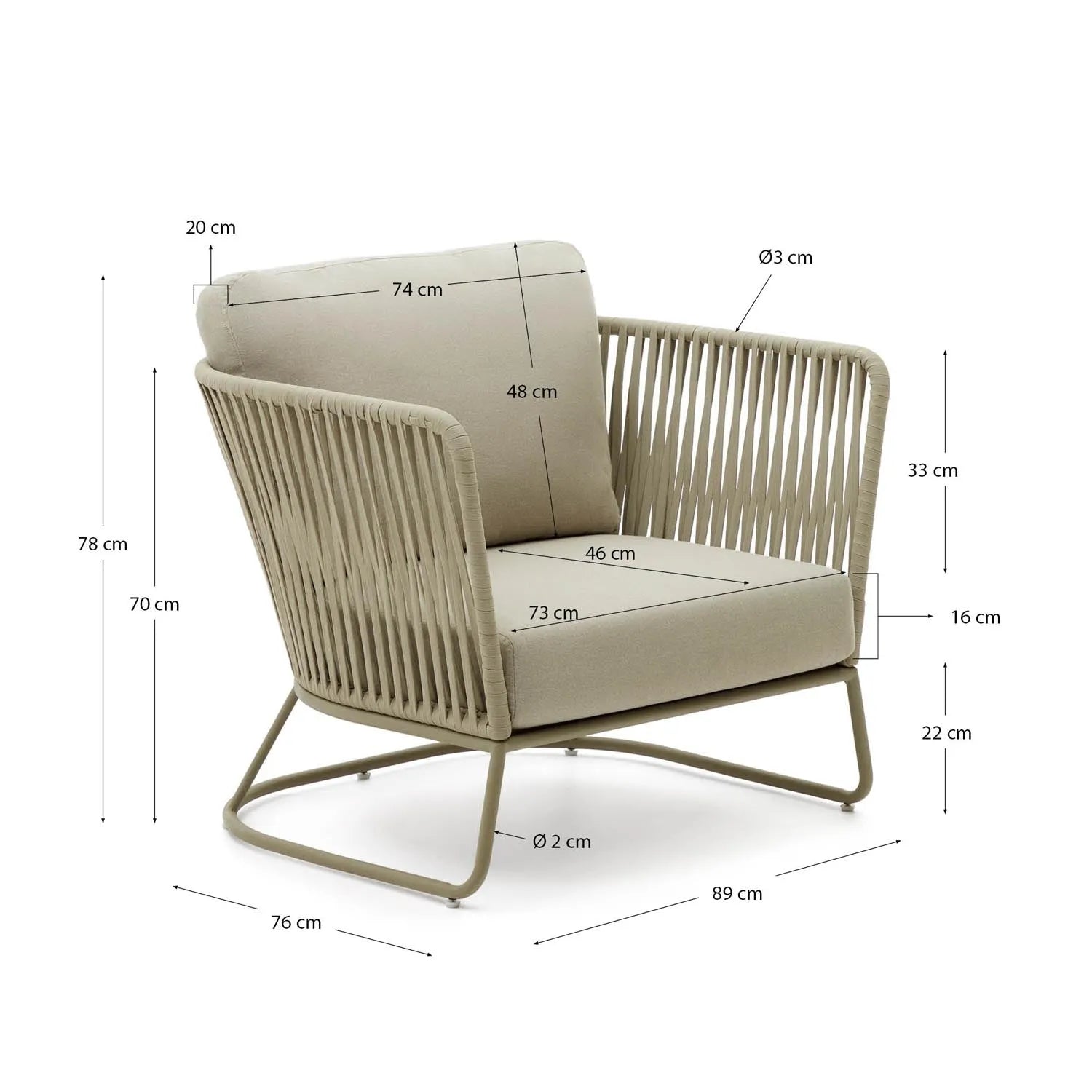 Sessel Saconca für den Außenbereich mit Flechtwerk und verzinktem Stahl, geige in Beige, Grün präsentiert im Onlineshop von KAQTU Design AG. Outdoor-Sessel mit Armlehnen ist von Kave Home