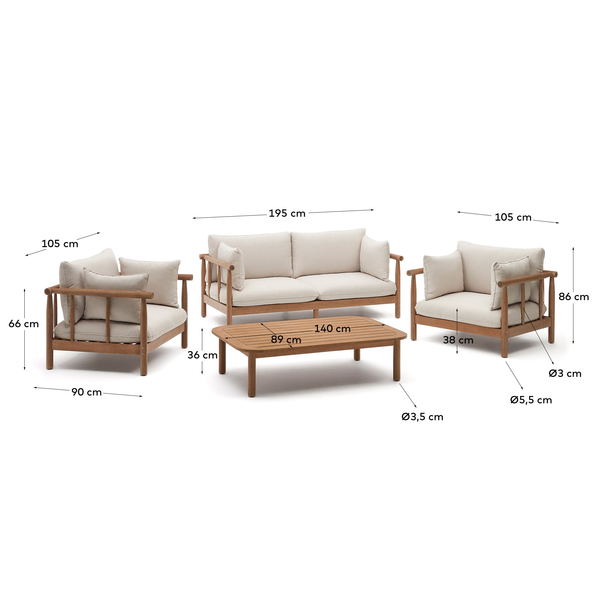 Set Sacova 2 Sesseln, 2-Sitzer-Sofa und Couchtisch massives Eukalyptusholz FSC 100% in Mehrfarbig präsentiert im Onlineshop von KAQTU Design AG. Lounge Sofa ist von Kave Home