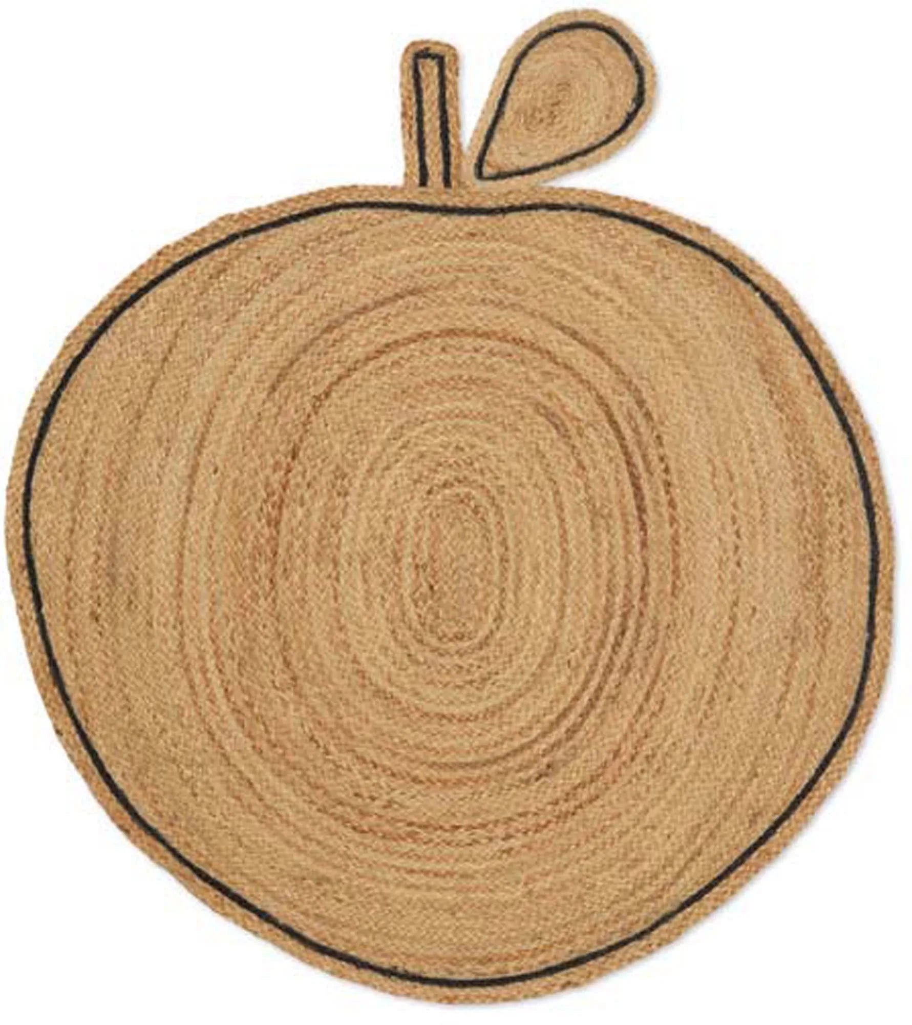 Der Apple Braided Jute Teppich von Ferm Living: Nachhaltig, robust, in verspielter Apfelform – ideal für jedes Kinderzimmer.