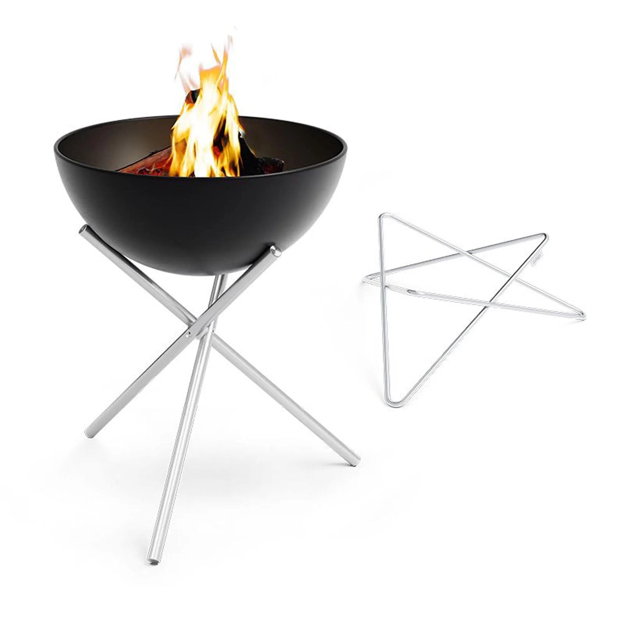 BOWL 57 Feuerset: Vielseitig, schwebend, ideal zum Grillen. Emaillierte Stahlhalbkugel, stabiler Edelstahlfuß, flexible Höhen.