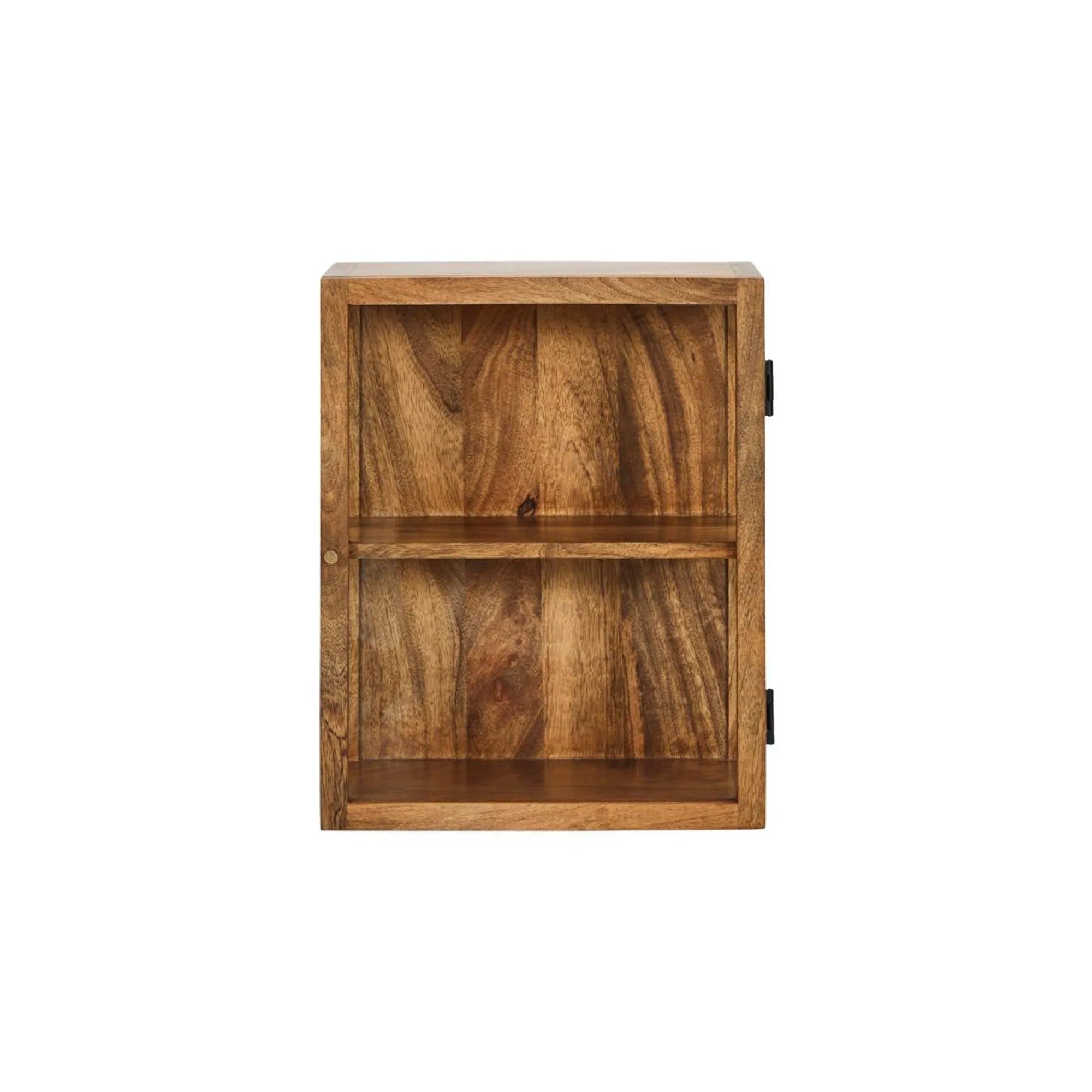 Eleganter Wandschrank aus Mangoholz mit gehärtetem Glas, 3 Regalböden und Metallgriff für stilvolle Präsentation.