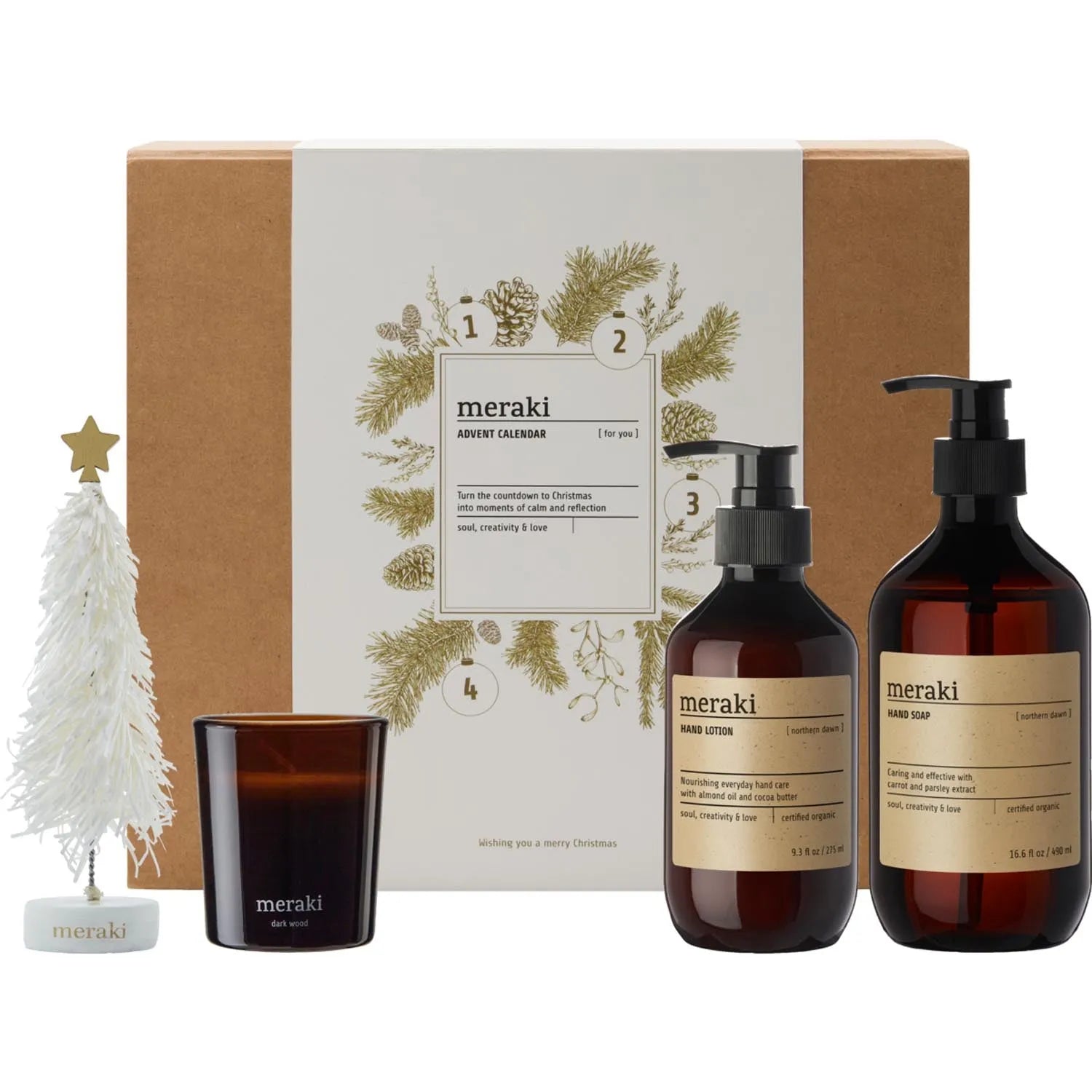 Meraki Geschenkbox Advent 2025: Luxuriöse Pflege mit Handcreme, Duftkerze & Duschgel. Nachhaltig & achtsam verpackt.