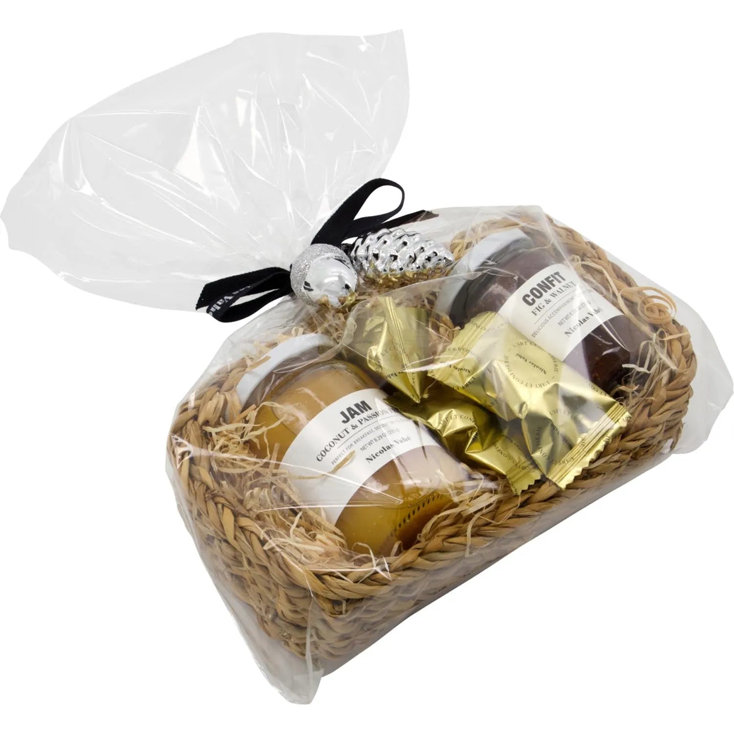 Cellophane wrapped, Small basket w. jam & confit in Schwarz präsentiert im Onlineshop von KAQTU Design AG. Geschenkset ist von Nicolas Vahé